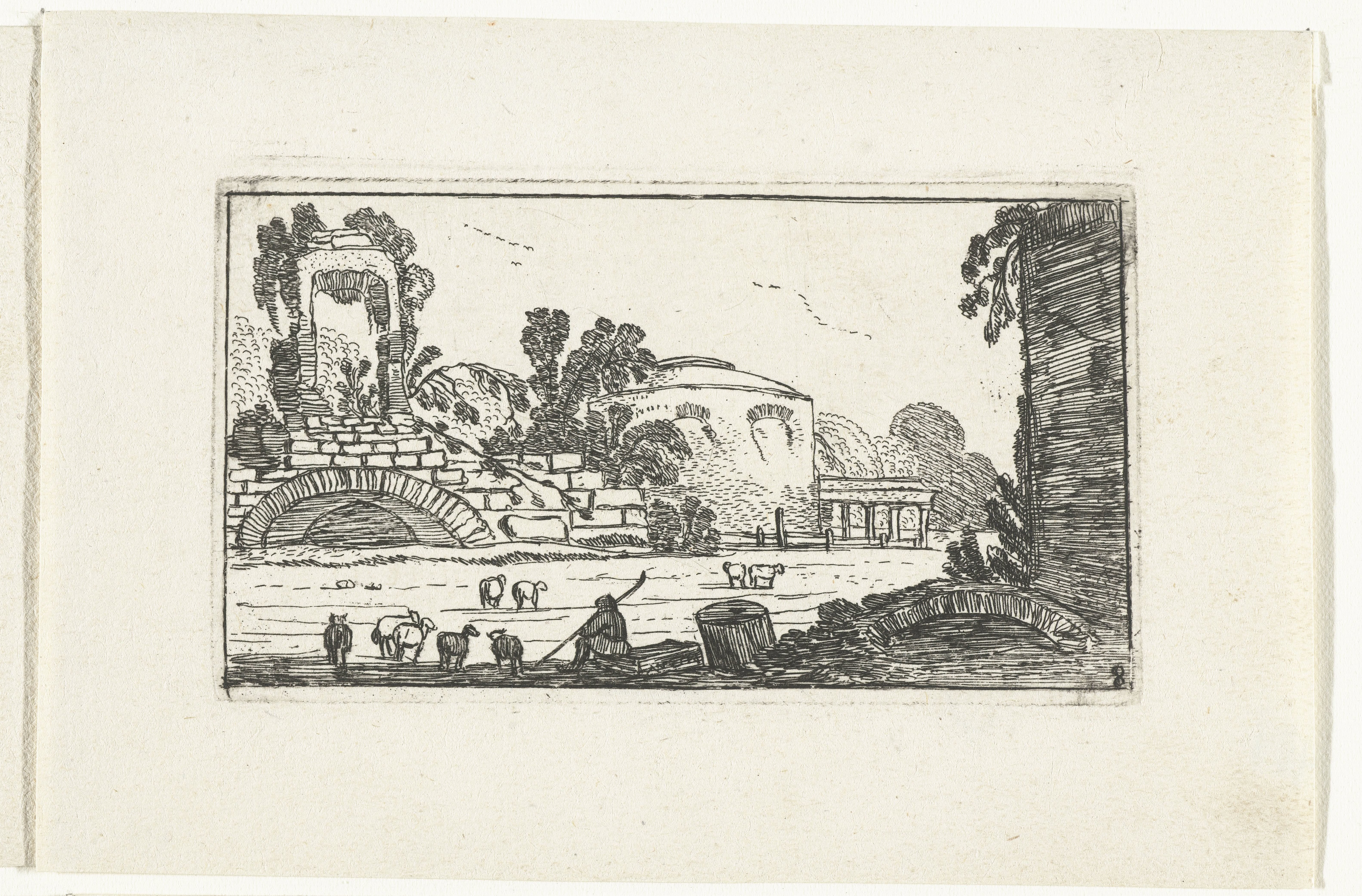 Landschap met ruïnes en herder met schapen