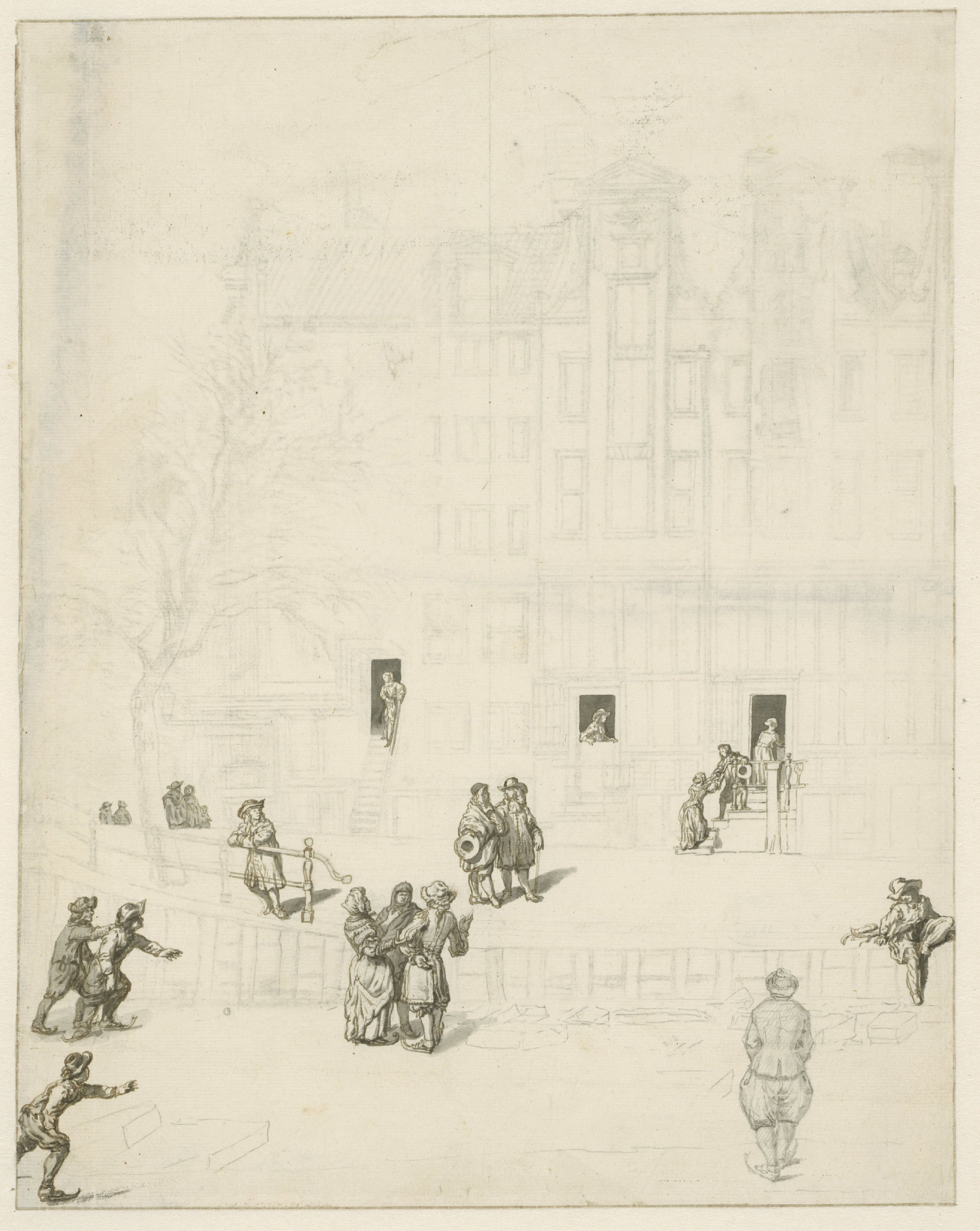 Figuren op het ijs van bij het uitgebrande huis op de Leidsegracht, 1684