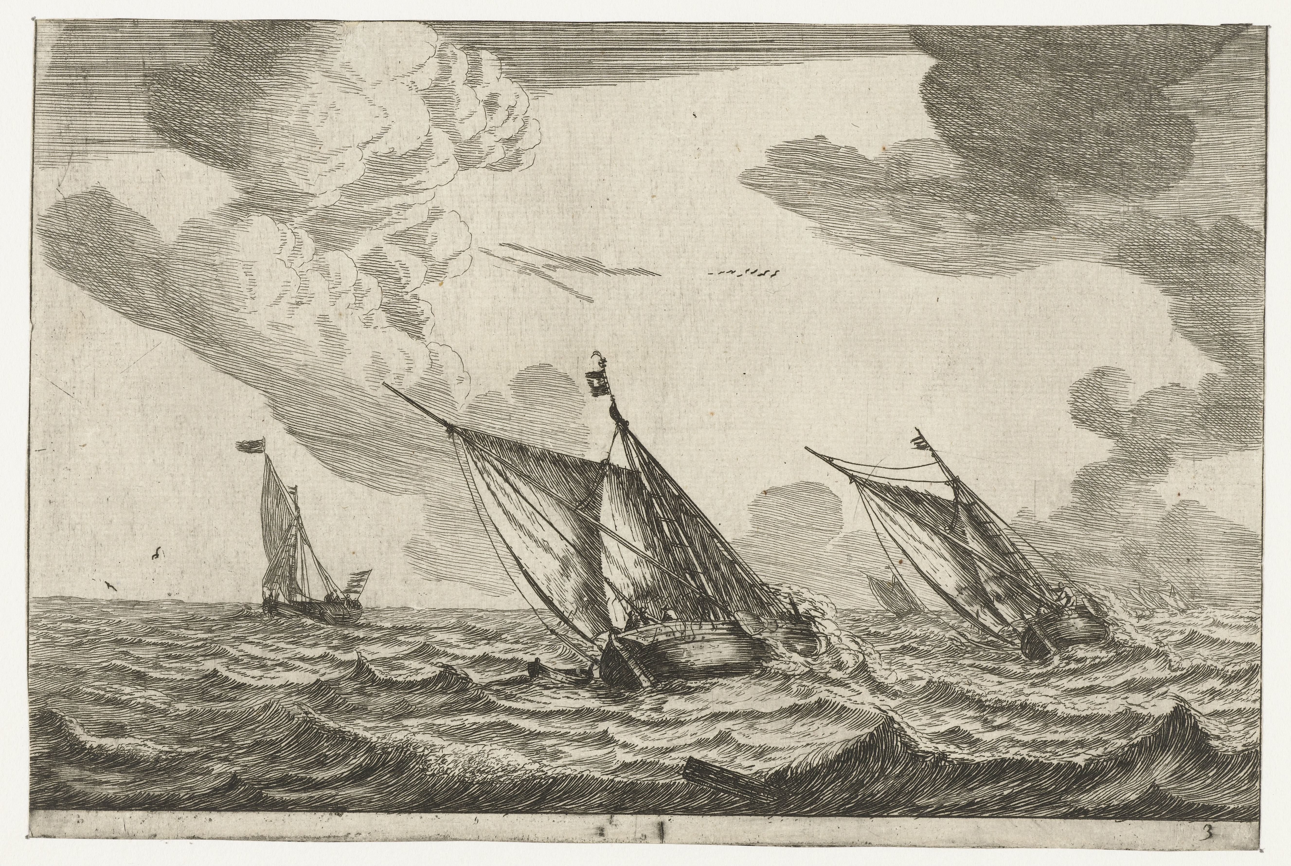 Drie zeilschepen op een ruwe zee