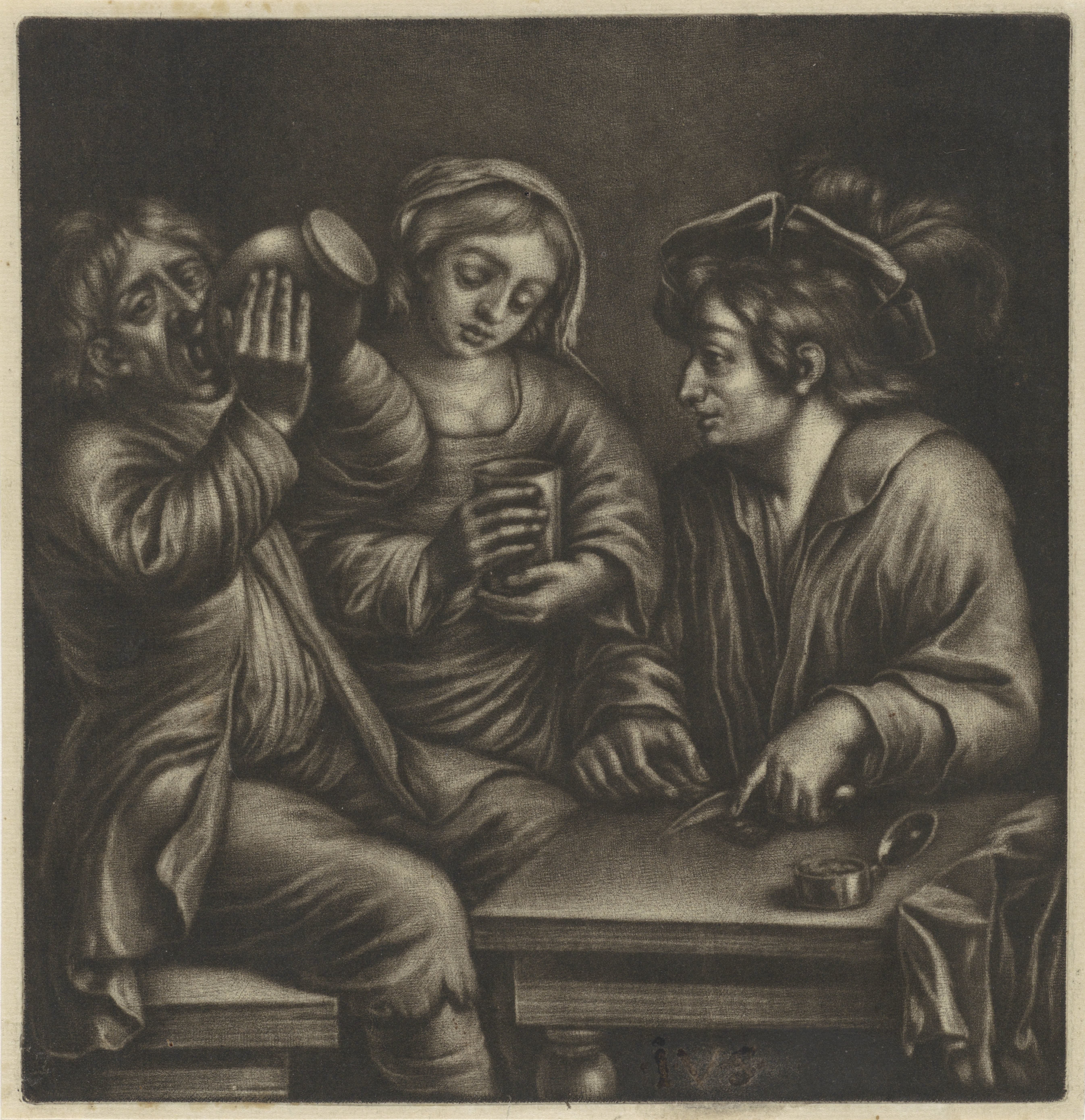 Herbergscene met drie figuren