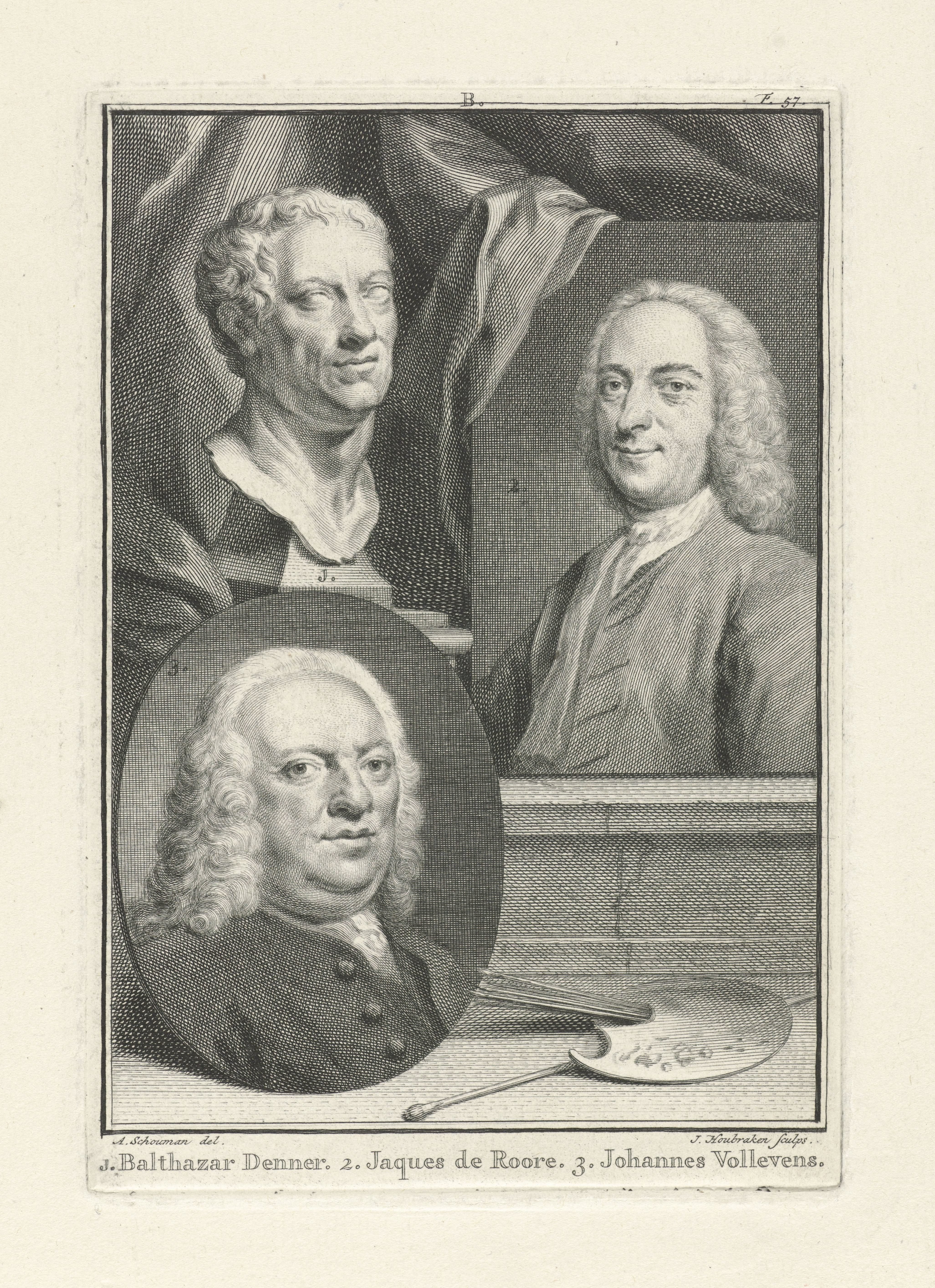 Portretten van Balthasar Denner, Jaques Ignatius de Roore en Johannes Vollevens