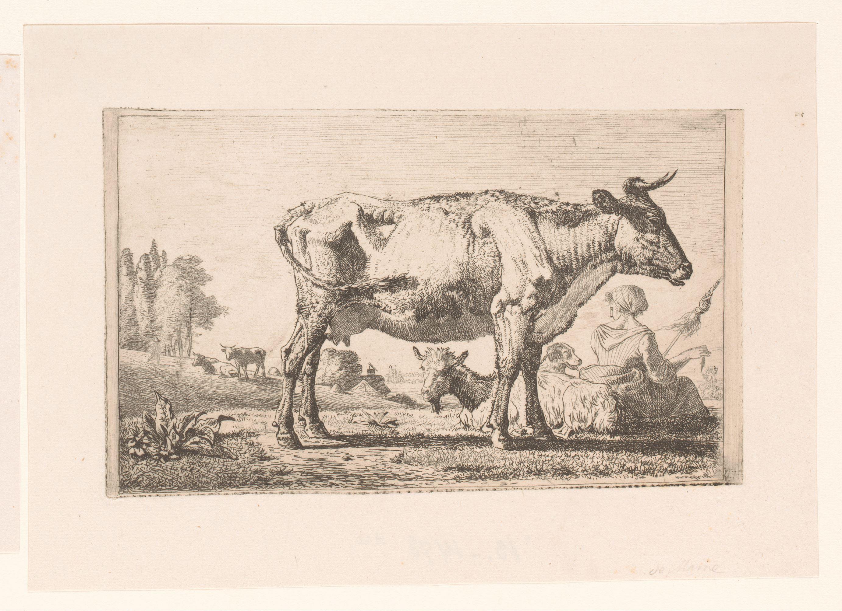 Landschap met koe en geit bij een spinster