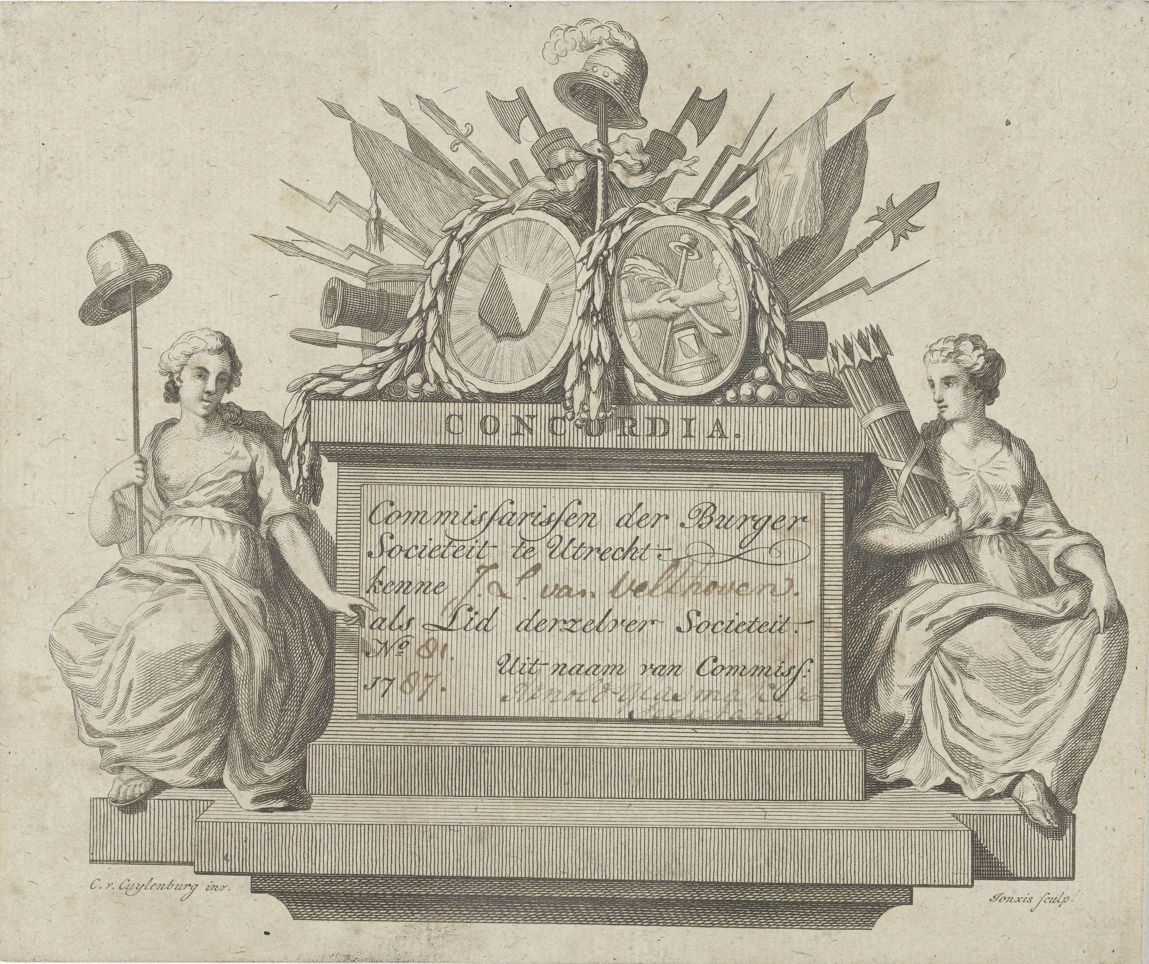 Bewijs van lidmaatschap van burgersociëteit Concordia