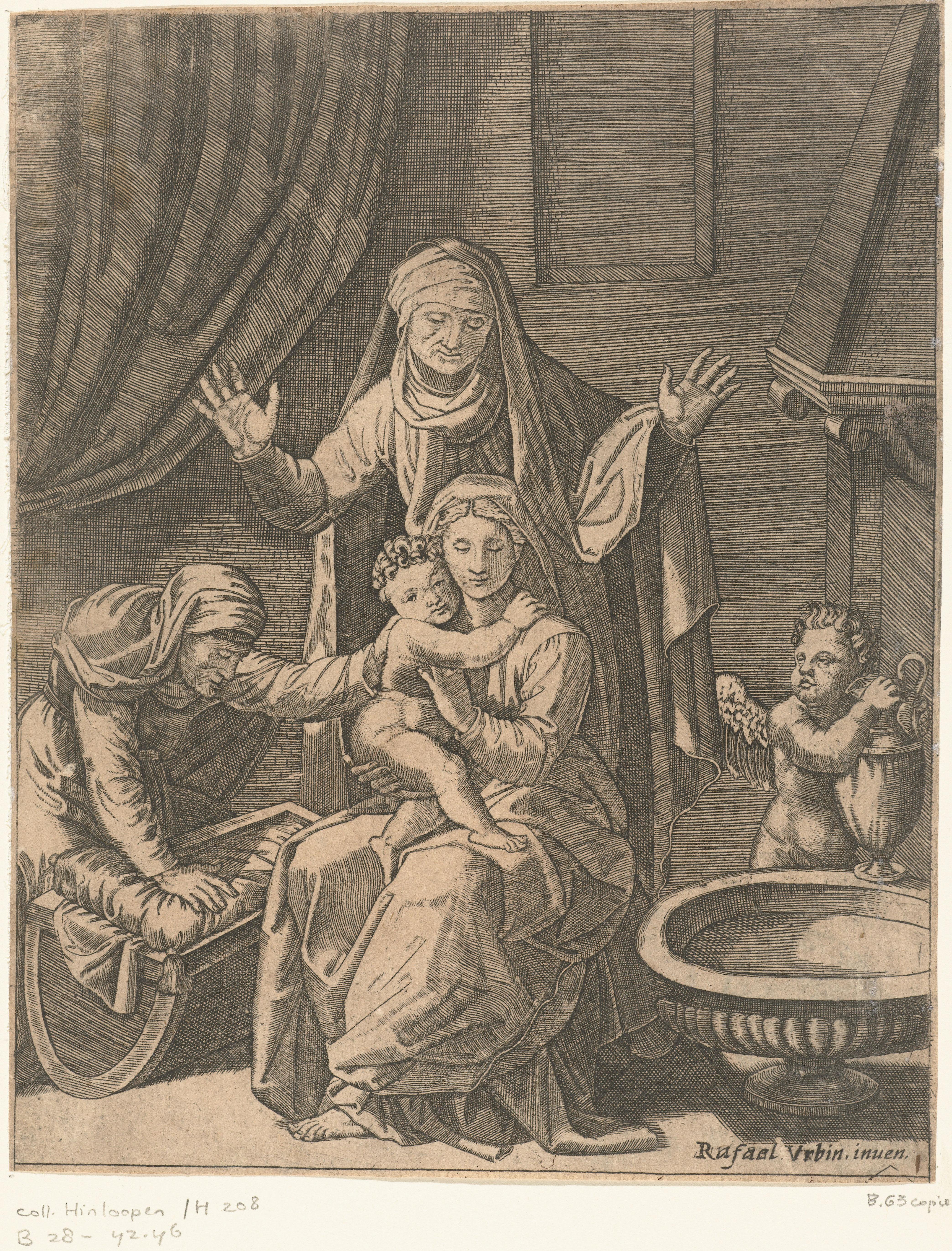 Maria met kind en heiligen Anna en Elisabet bij wieg en engel met waterkan bij schaal met water
