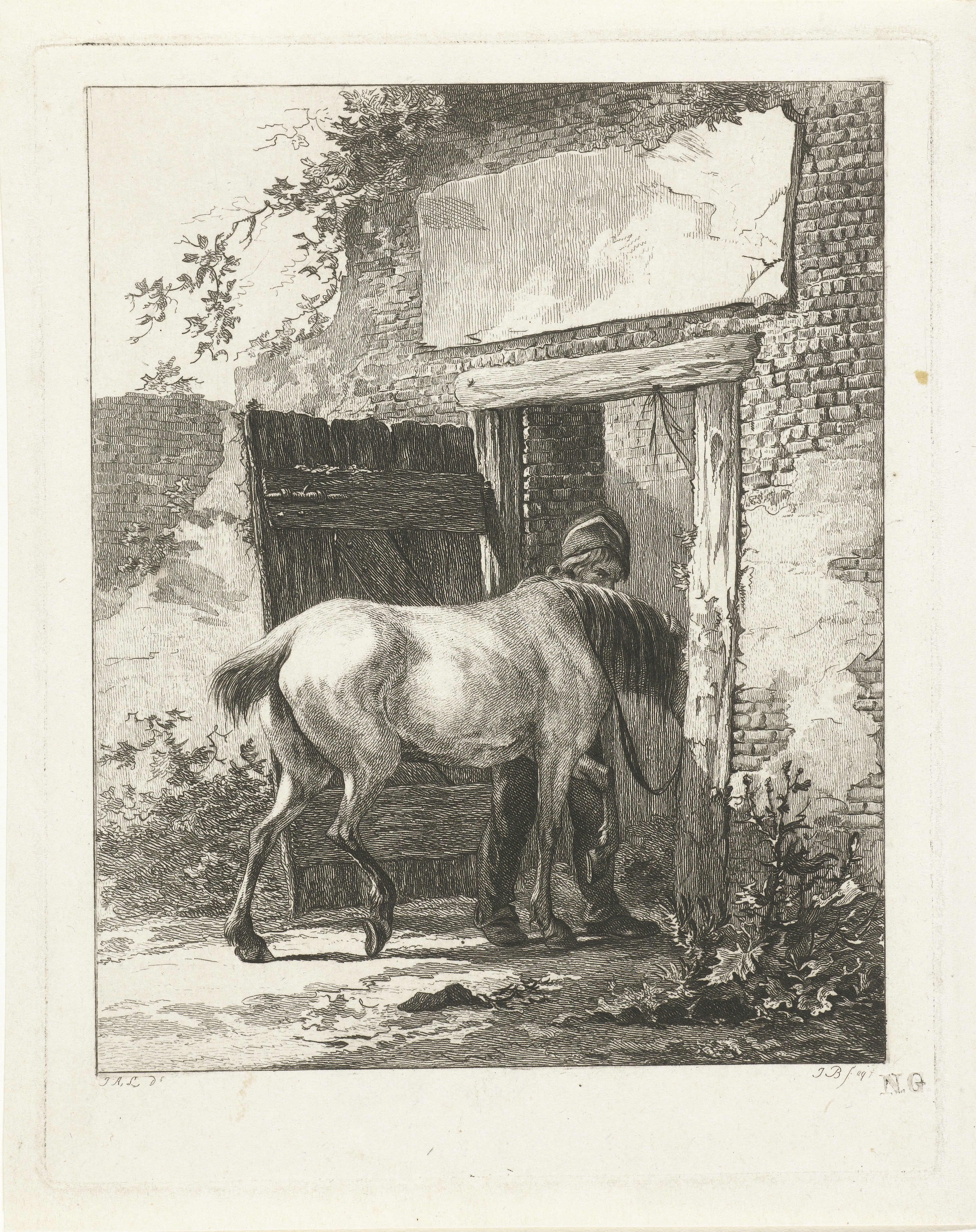 Een staljongen brengt een paard op stal