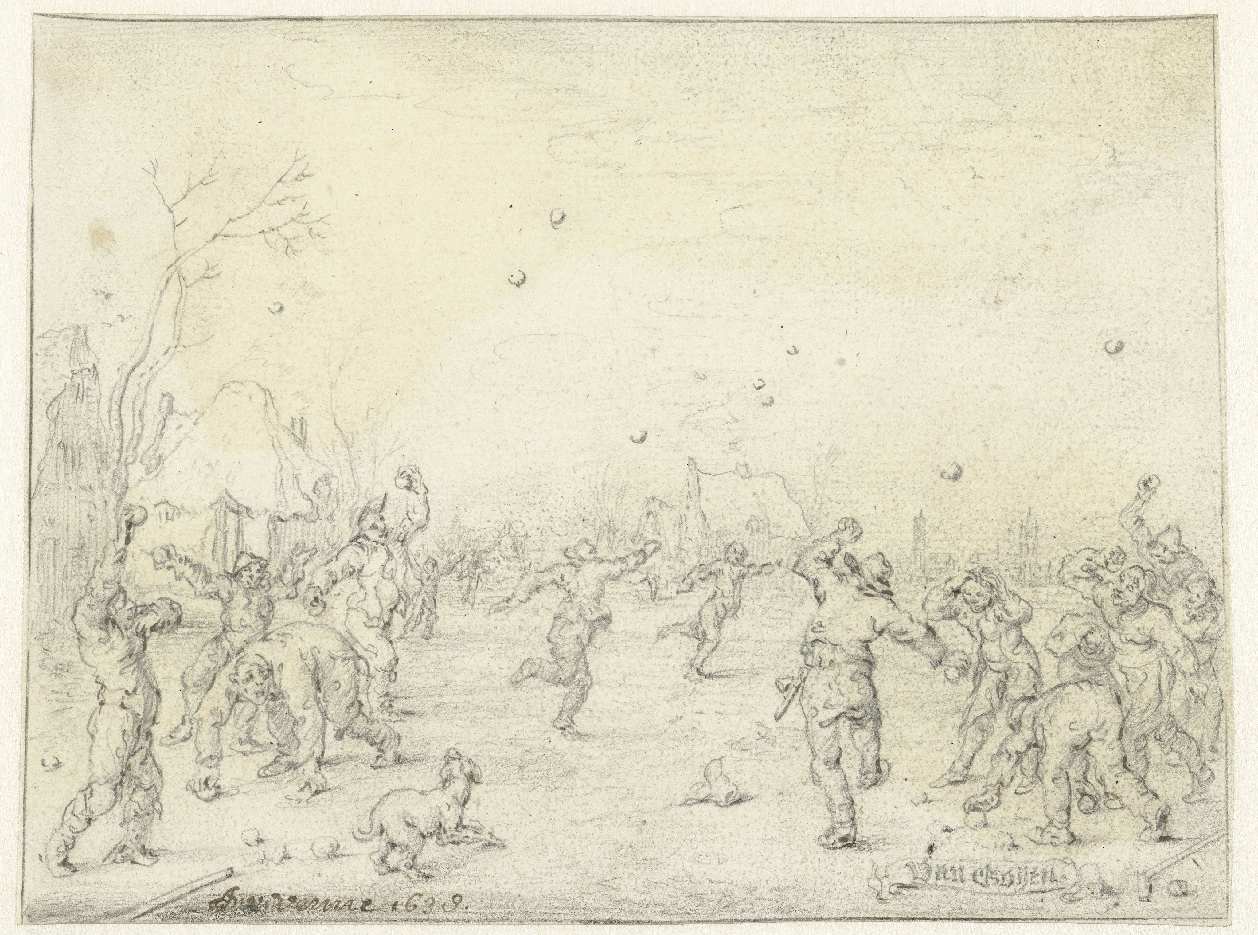 Men and Boys Throwing Snowballs
