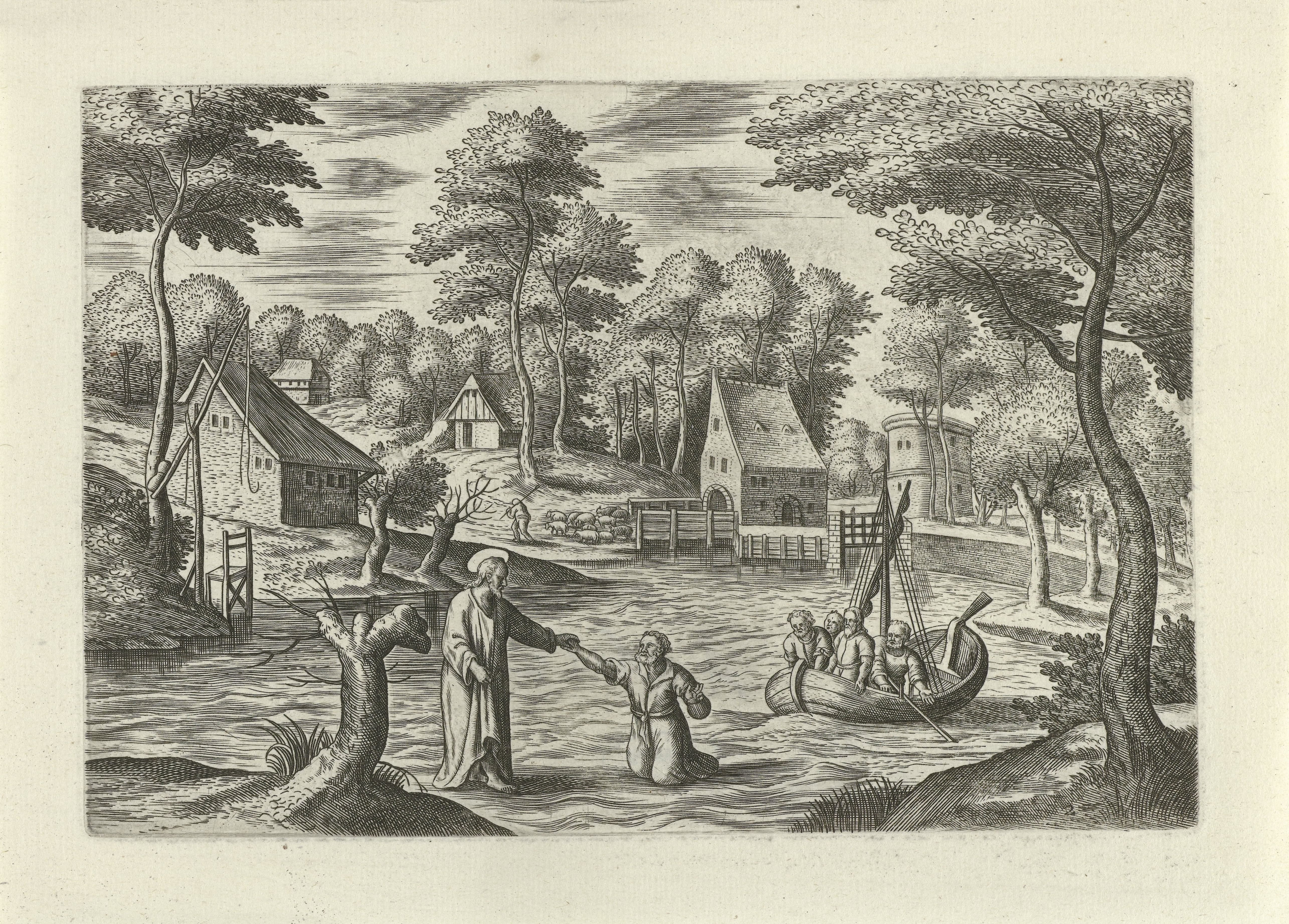 Landschap met Christus die loopt over het water