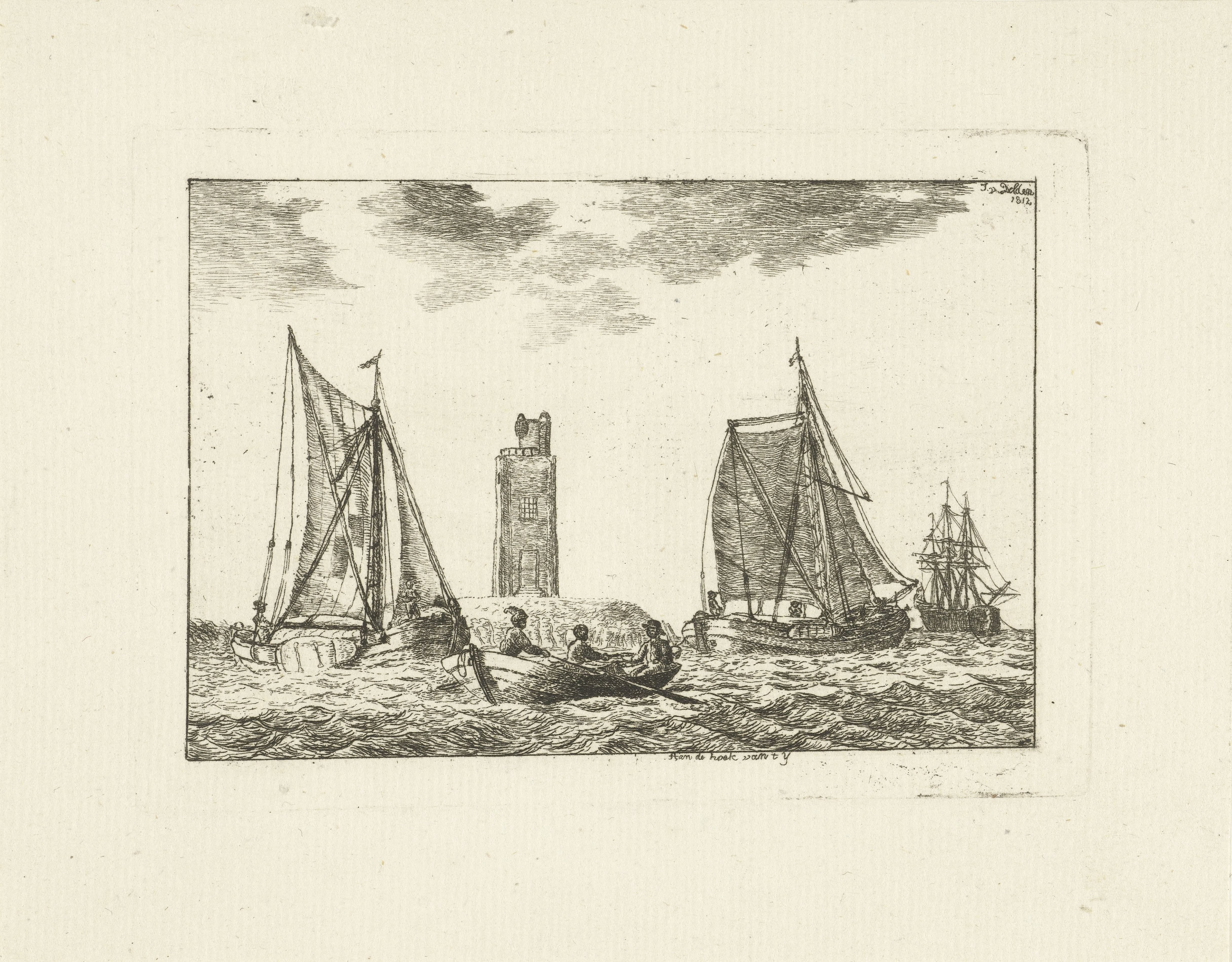 Vissersschepen op het IJ bij vuurtoren