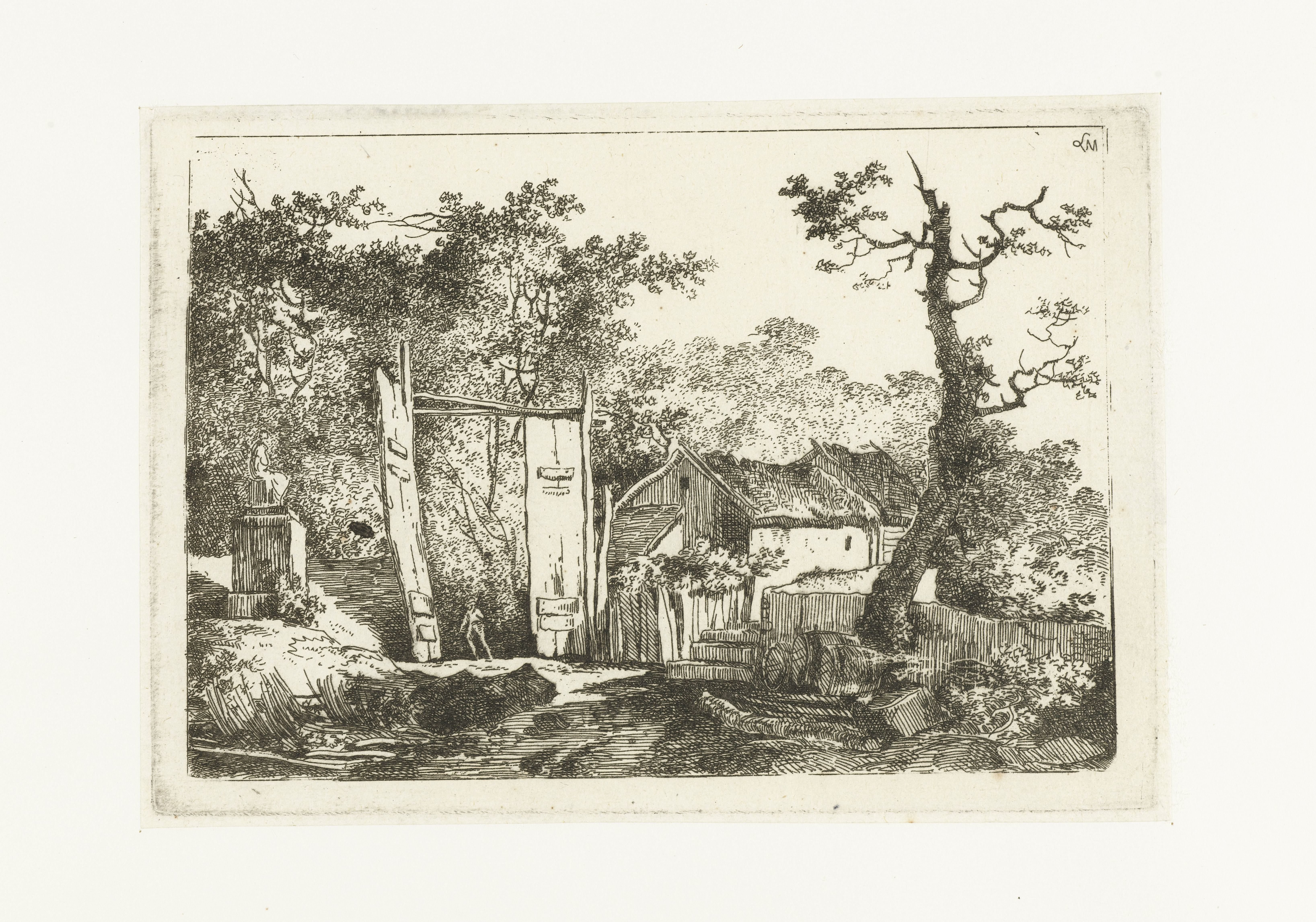 Erf met een houten poort met openstaande deuren