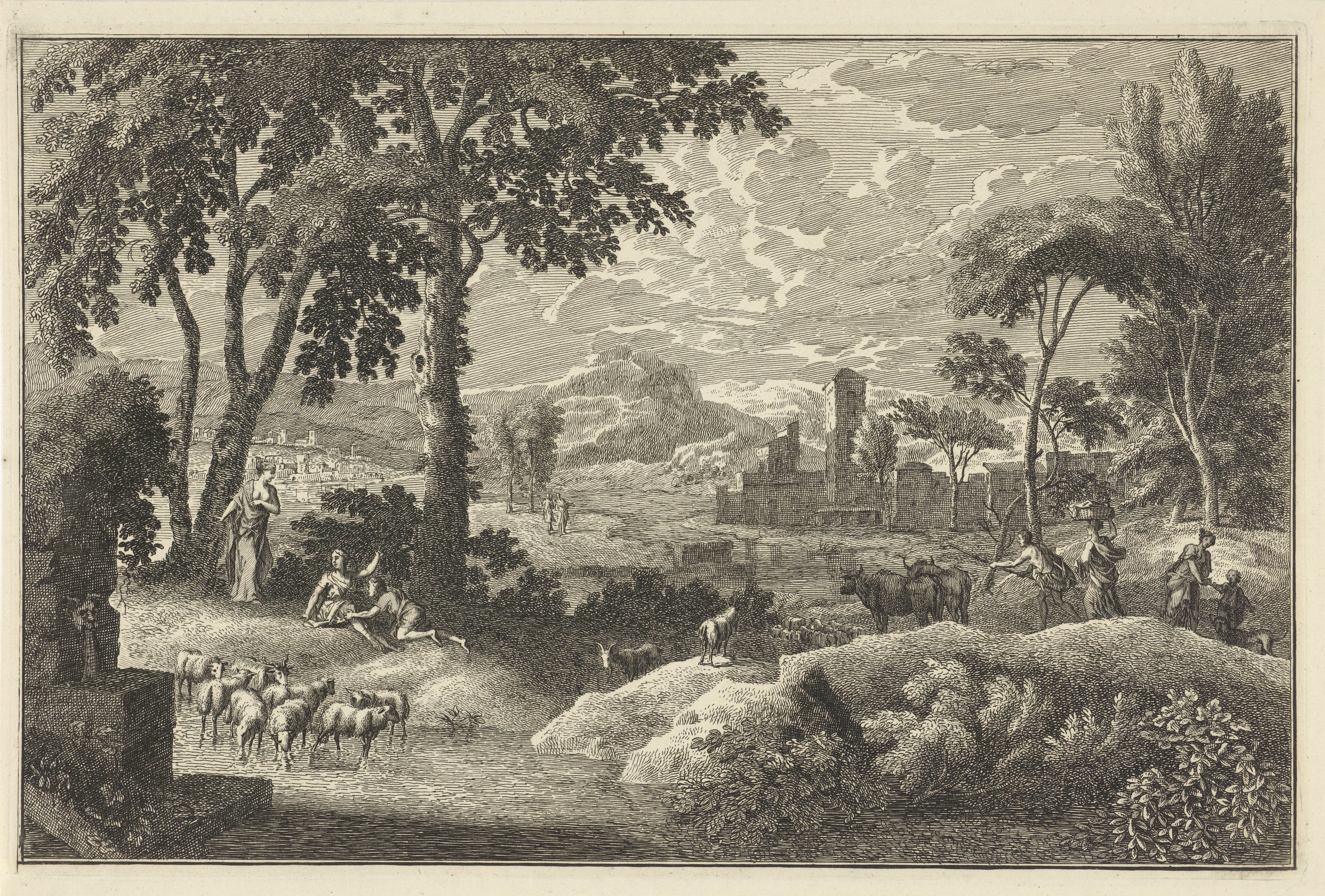 Arcadisch rivierlandschap met figuren en een kudde dieren