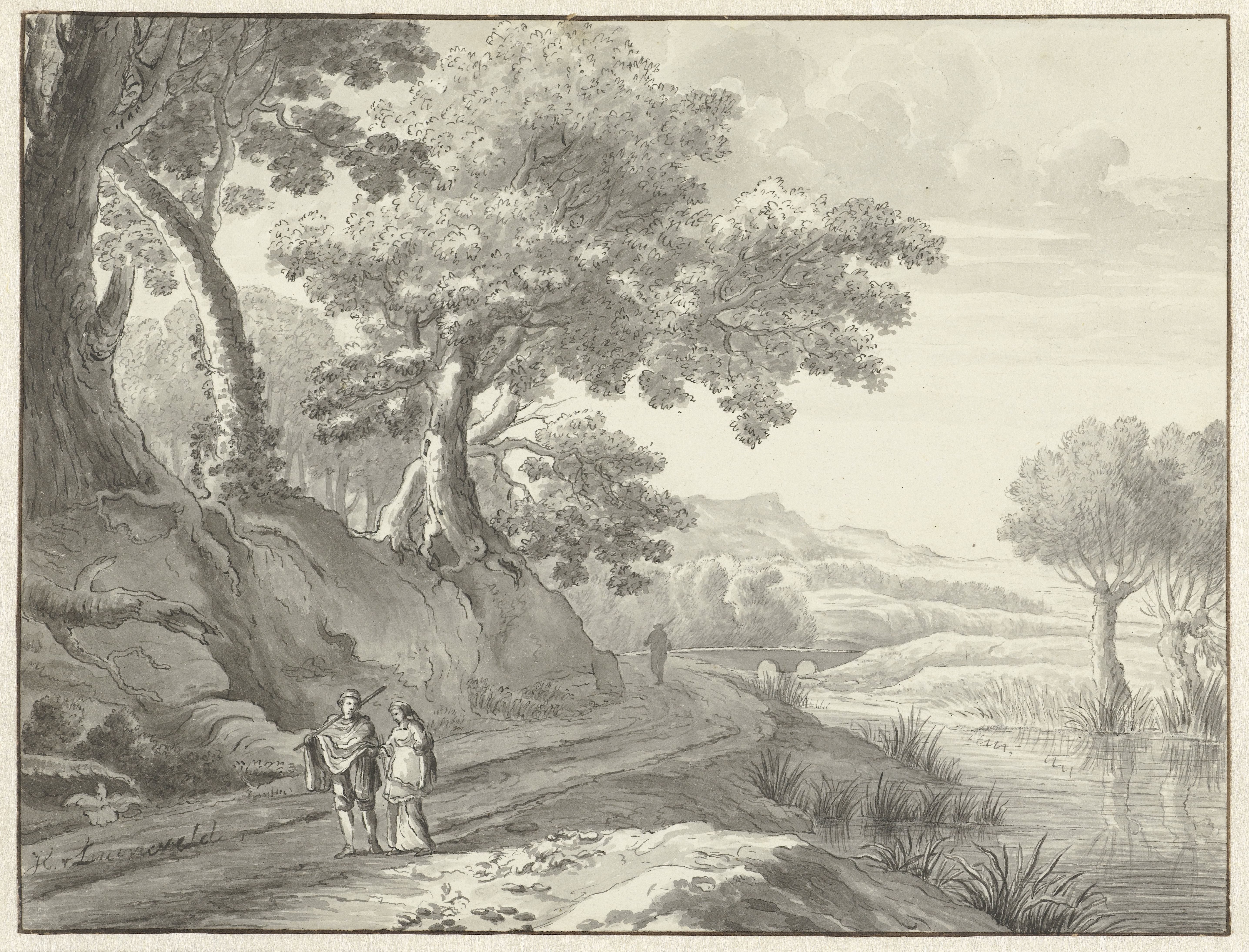 Landschap met wandelaars op een weg langs water
