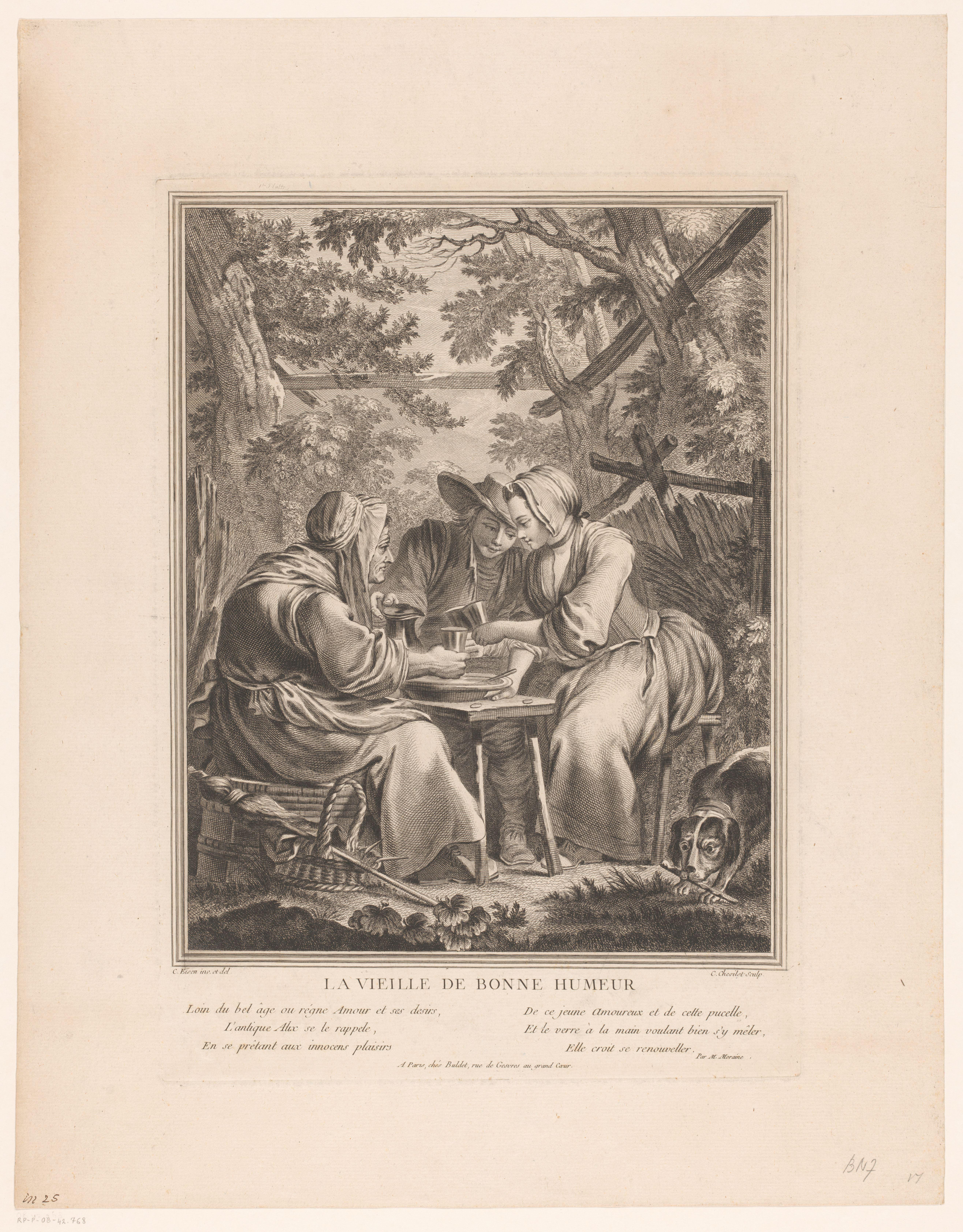 Oude vrouw met jong koppel in een tuin