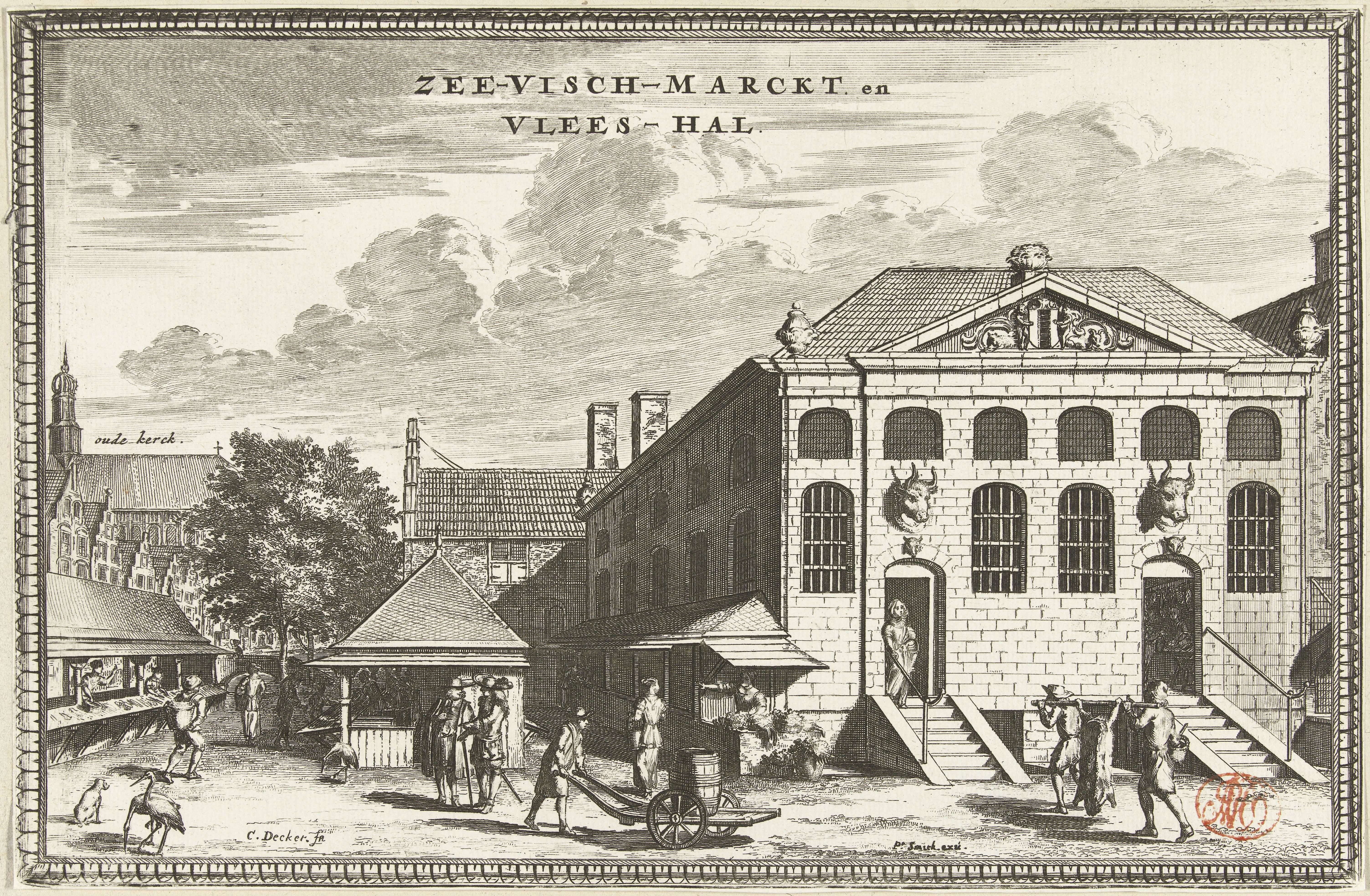 Gezicht op de vismarkt en de Vleeshal te Delft