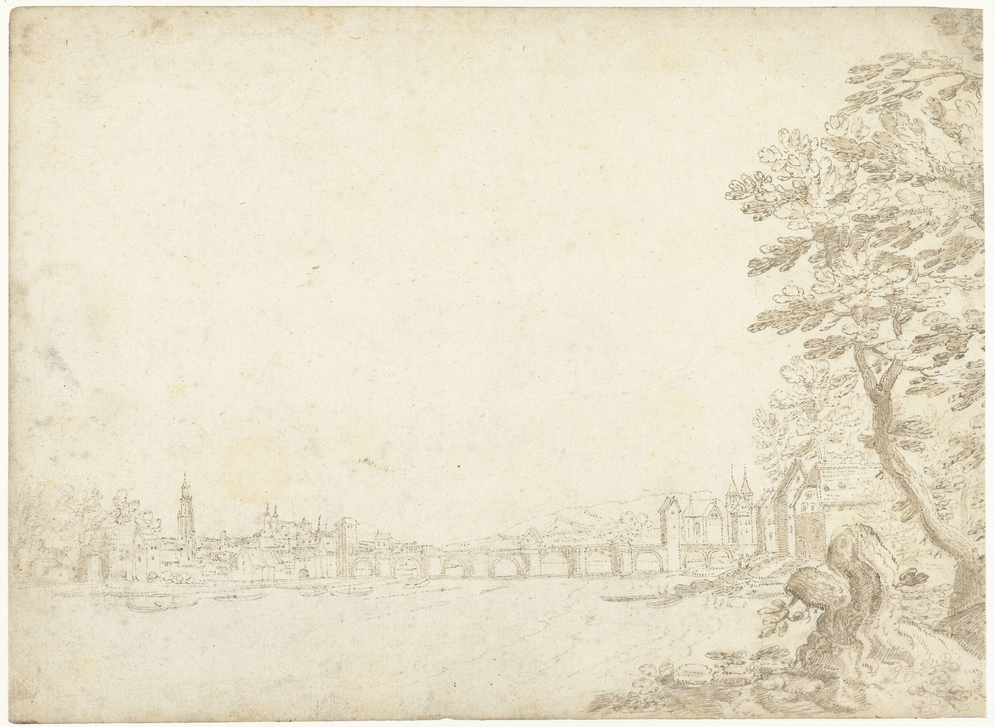 Gezicht op een stad aan een rivier (de Donau?)
