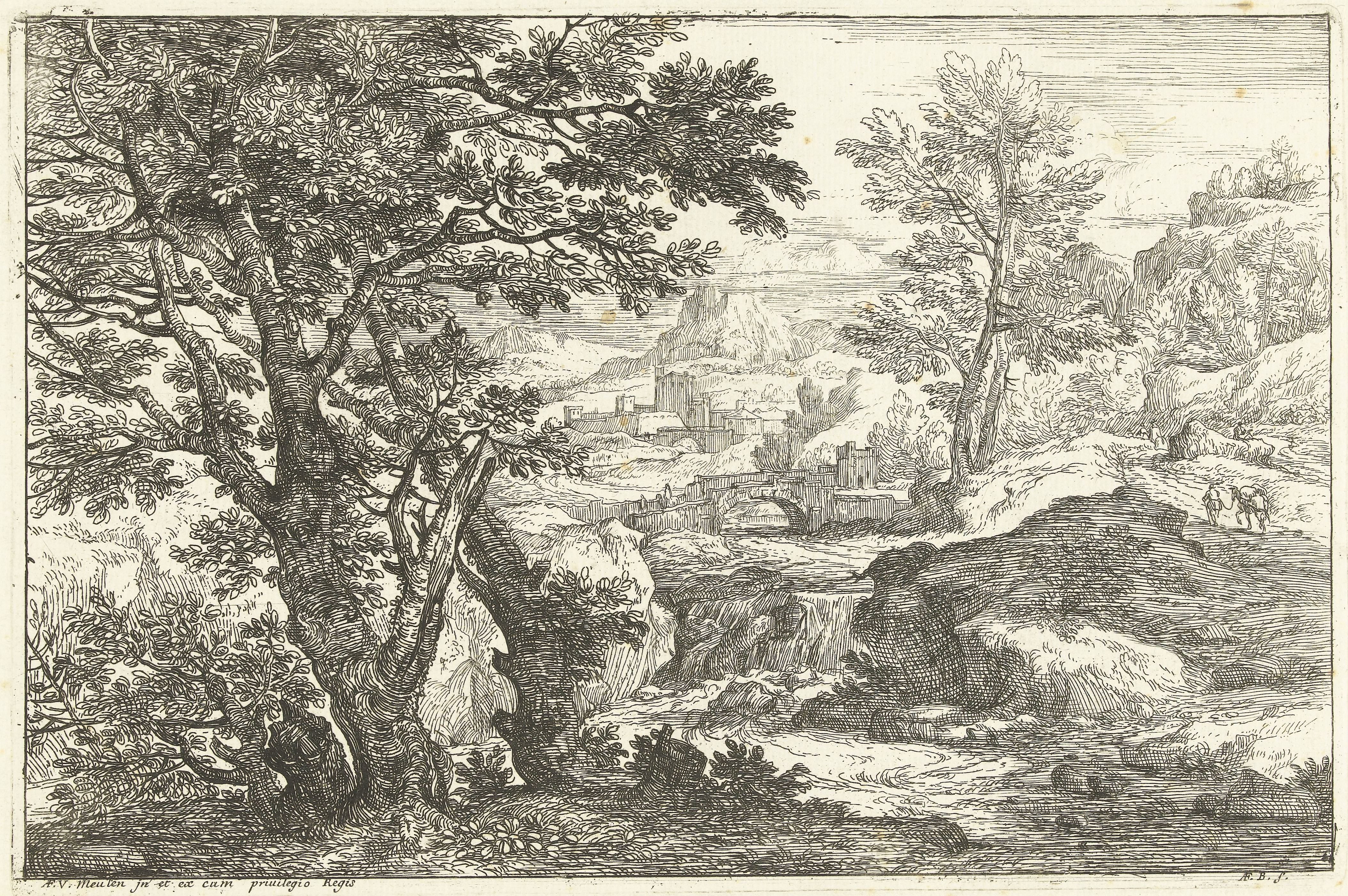 Landschap met brug en waterval