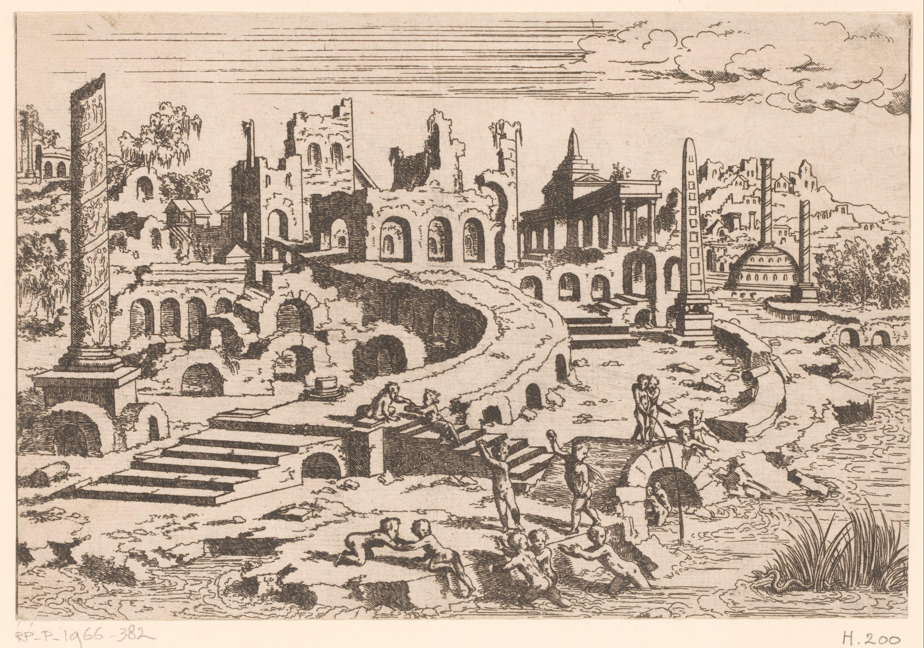 Landschap met ruïnes en putti