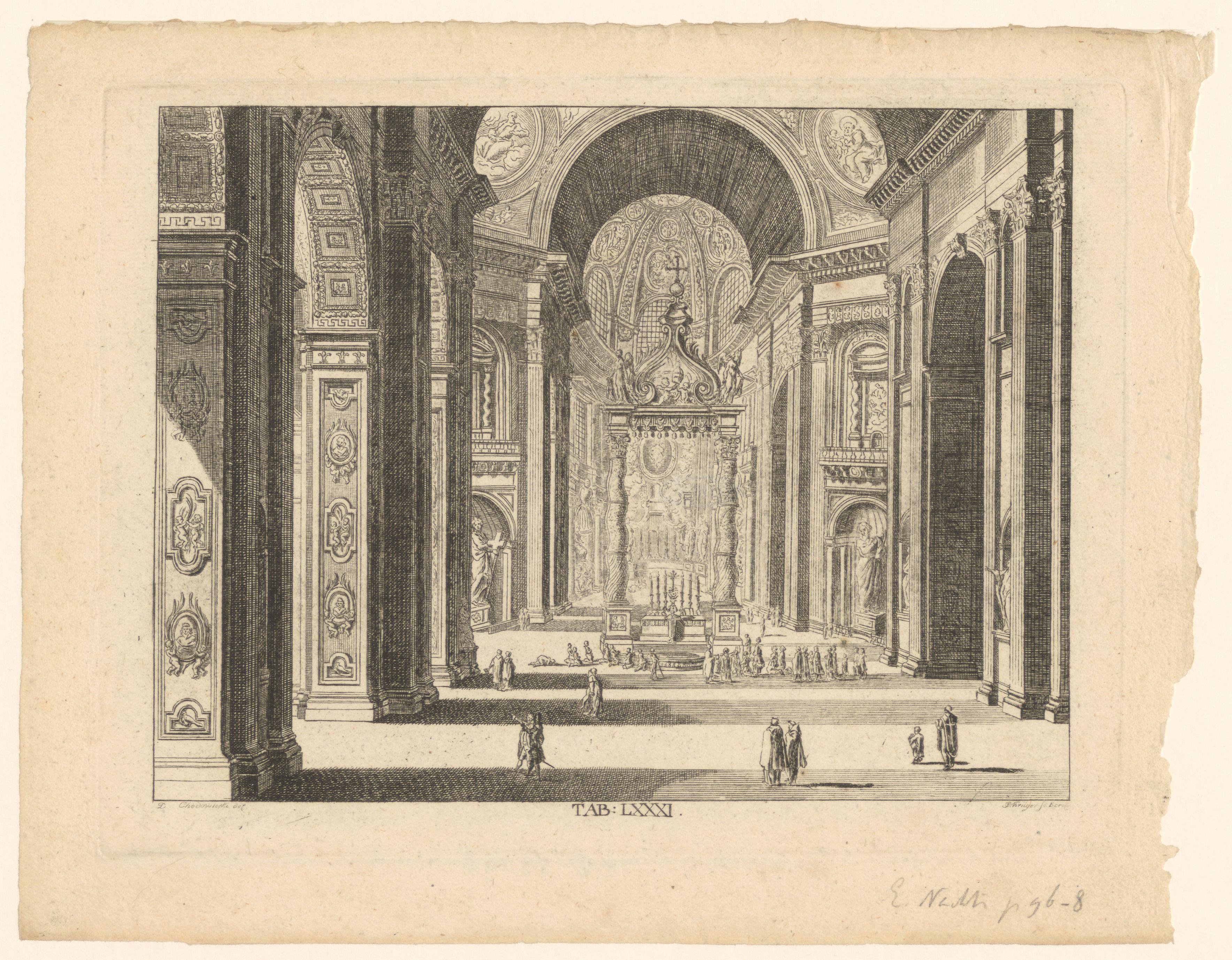 Gezicht op het interieur van de Sint-Pietersbasiliek en de Balcacchino.