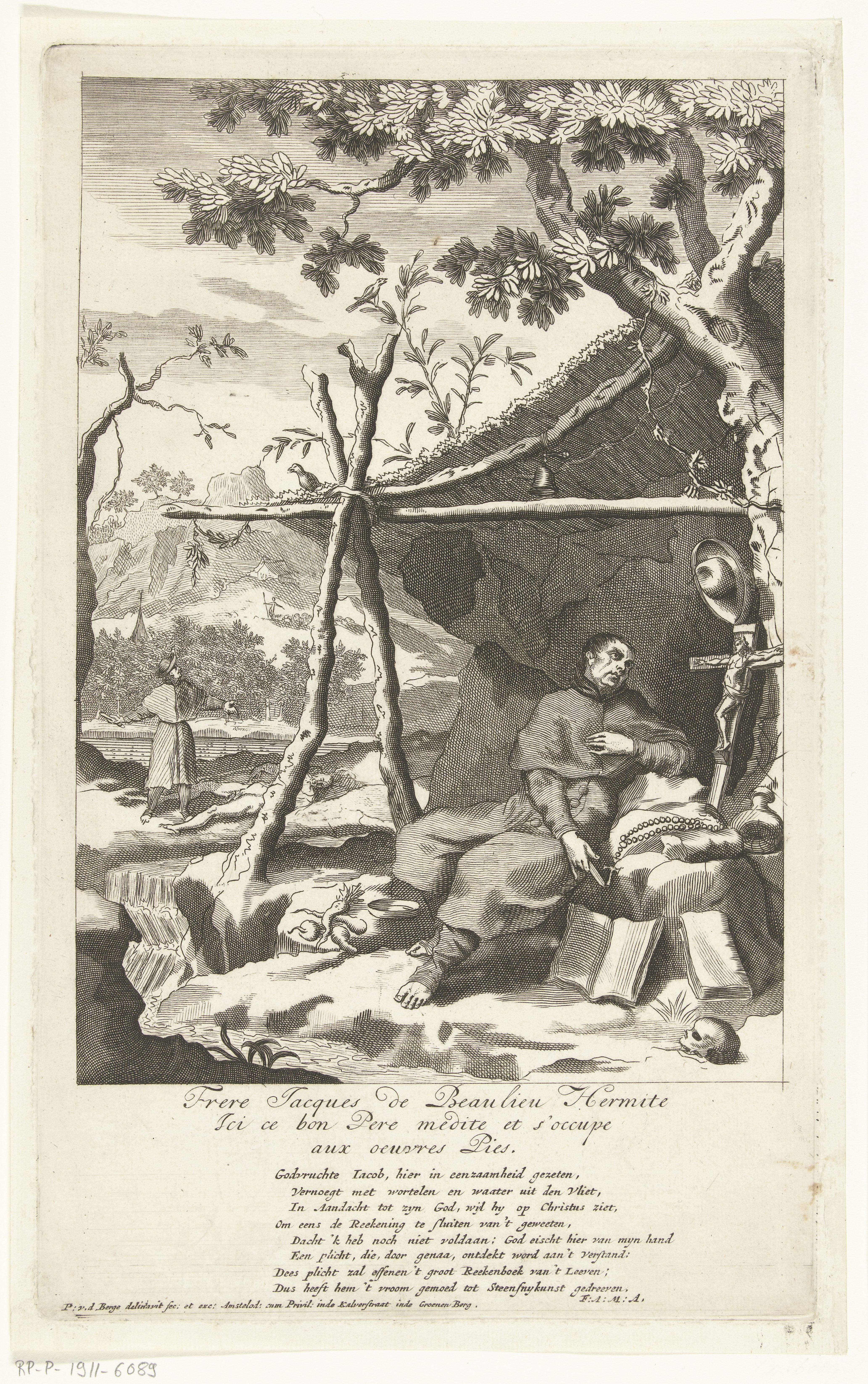 Jacob de Beaulieu als heremiet zittend in een hut