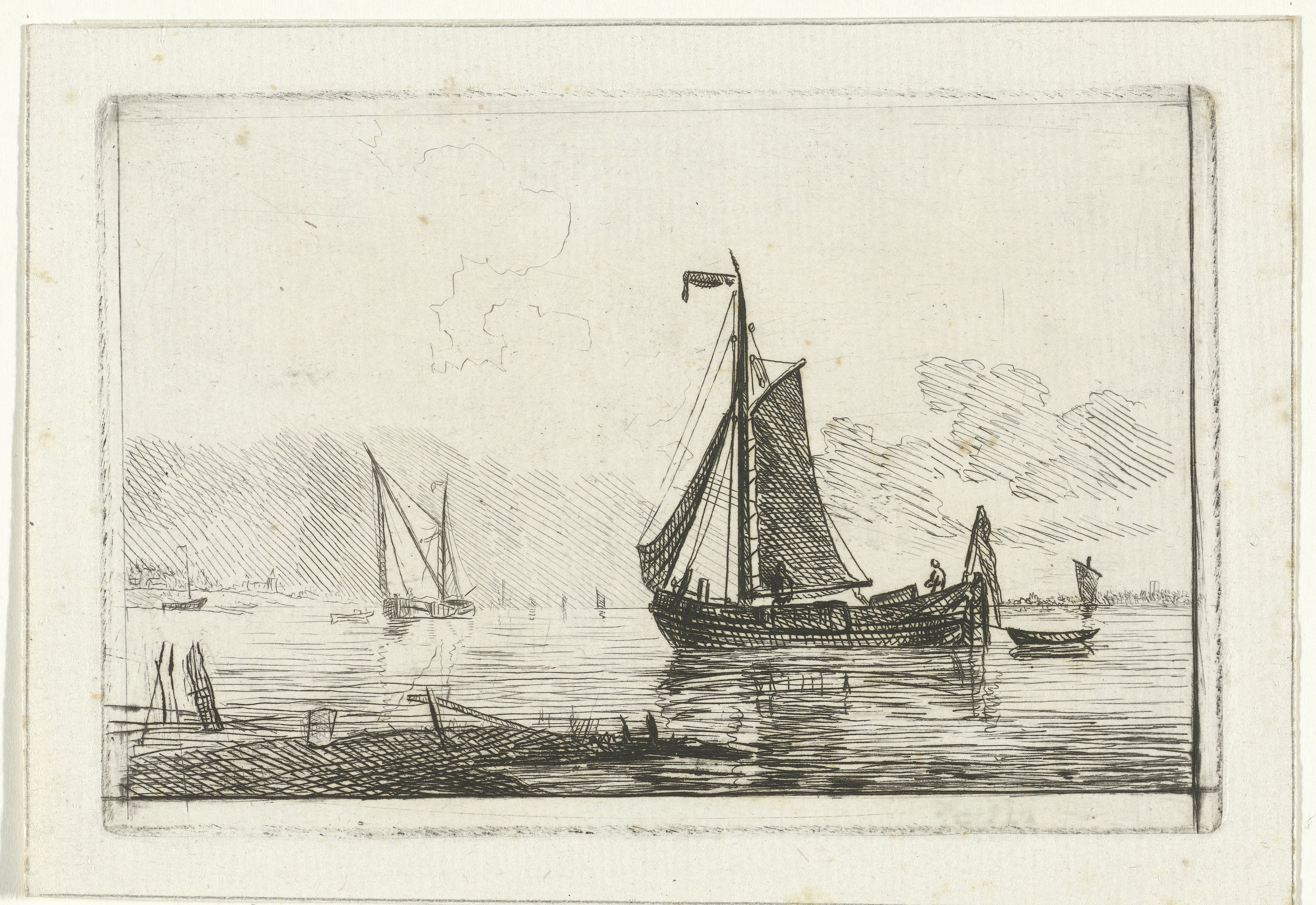 Riviergezicht met zeilschip