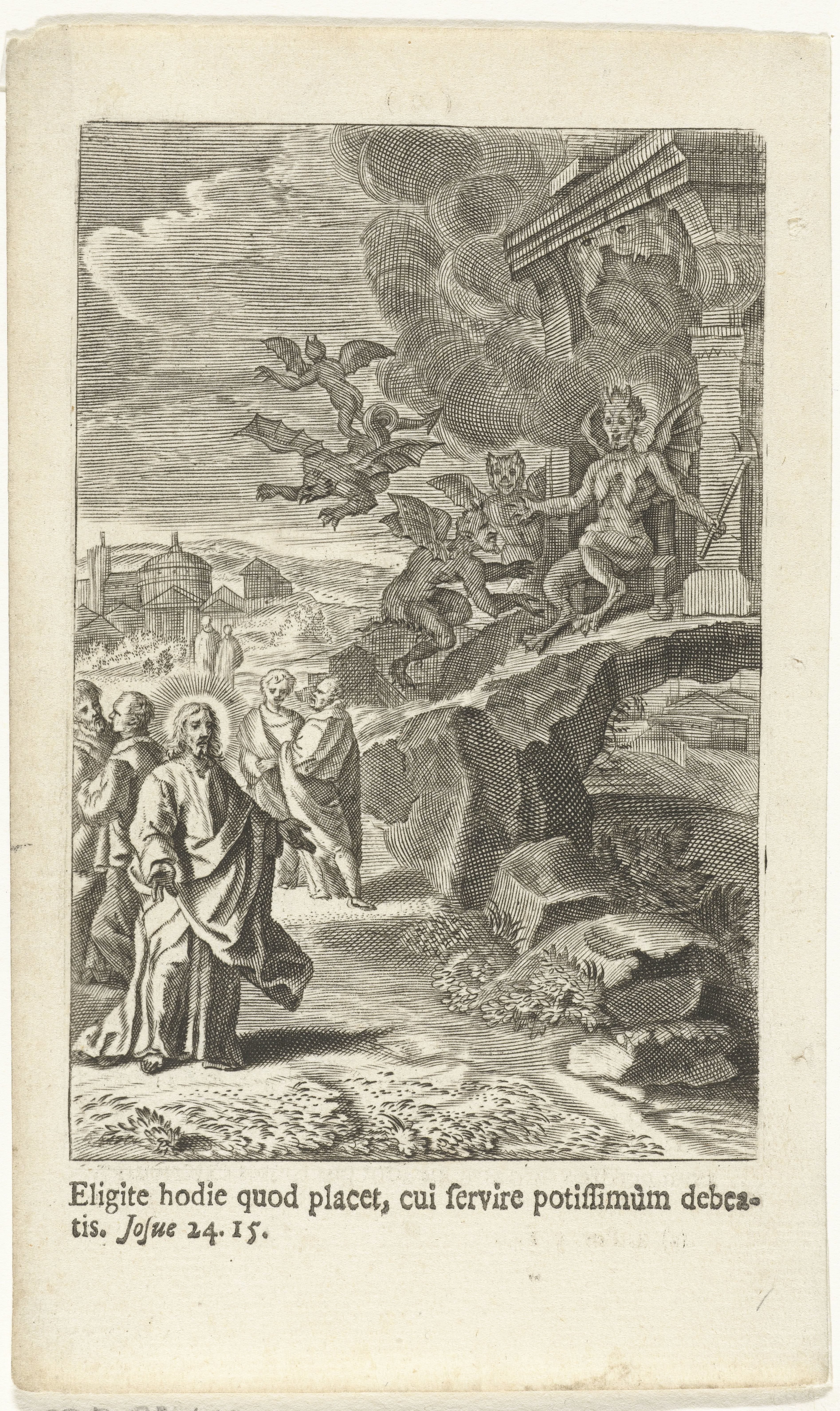 Satan troont voor de hellemond en spreekt met Christus
