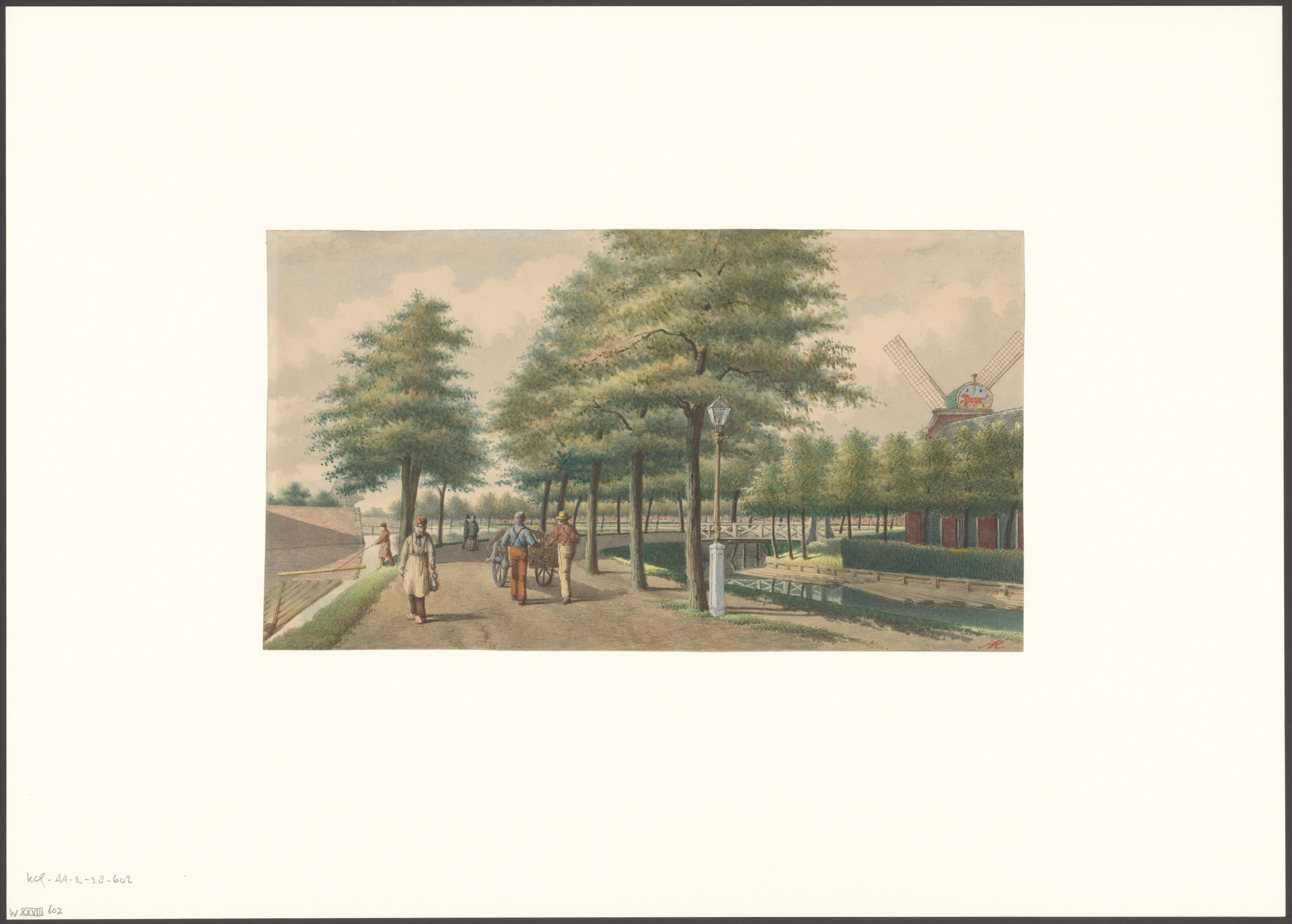 Gezicht op de Singelweg met rechts molen De Wolf