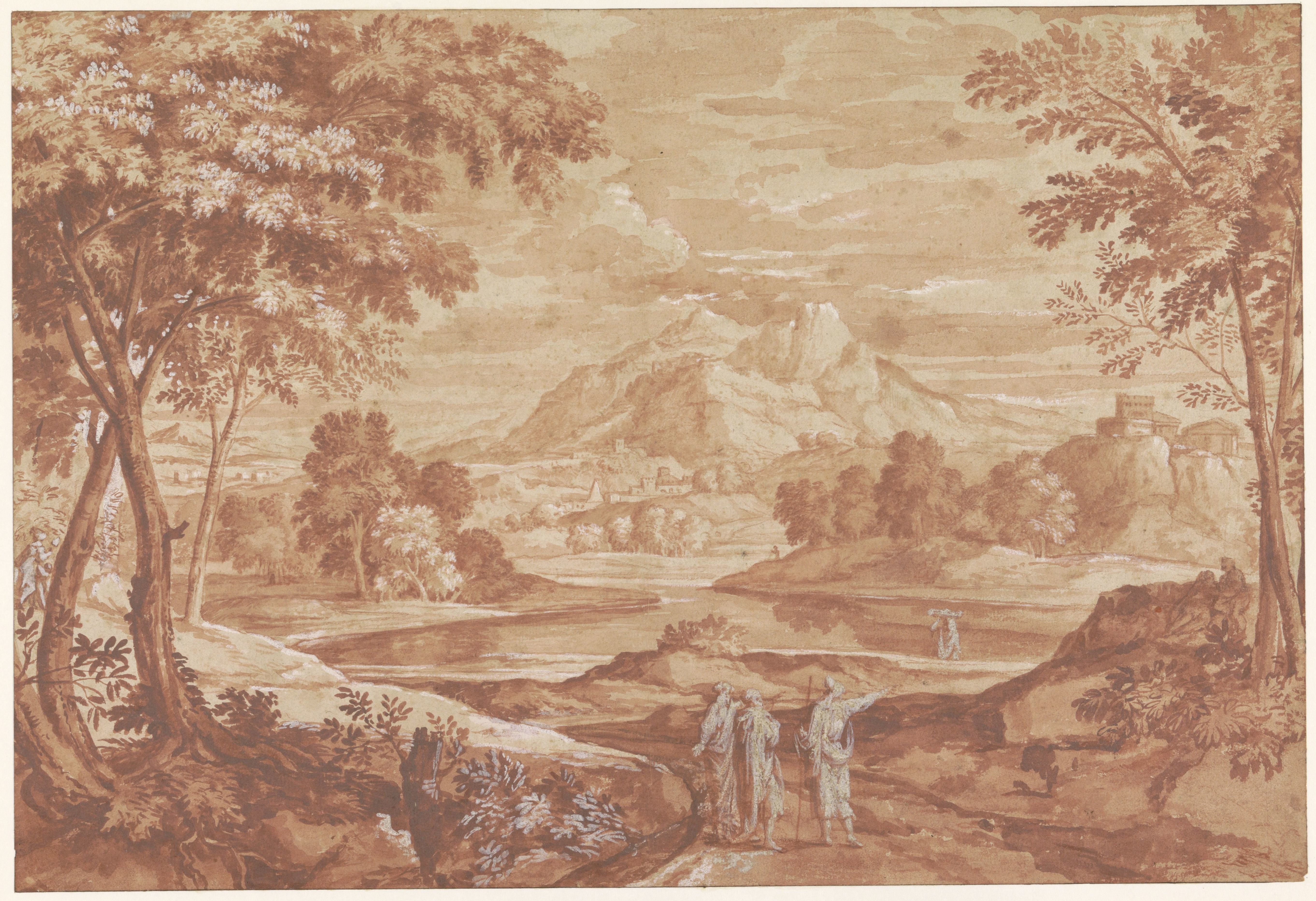 Arcadisch landschap met wandelende mensen