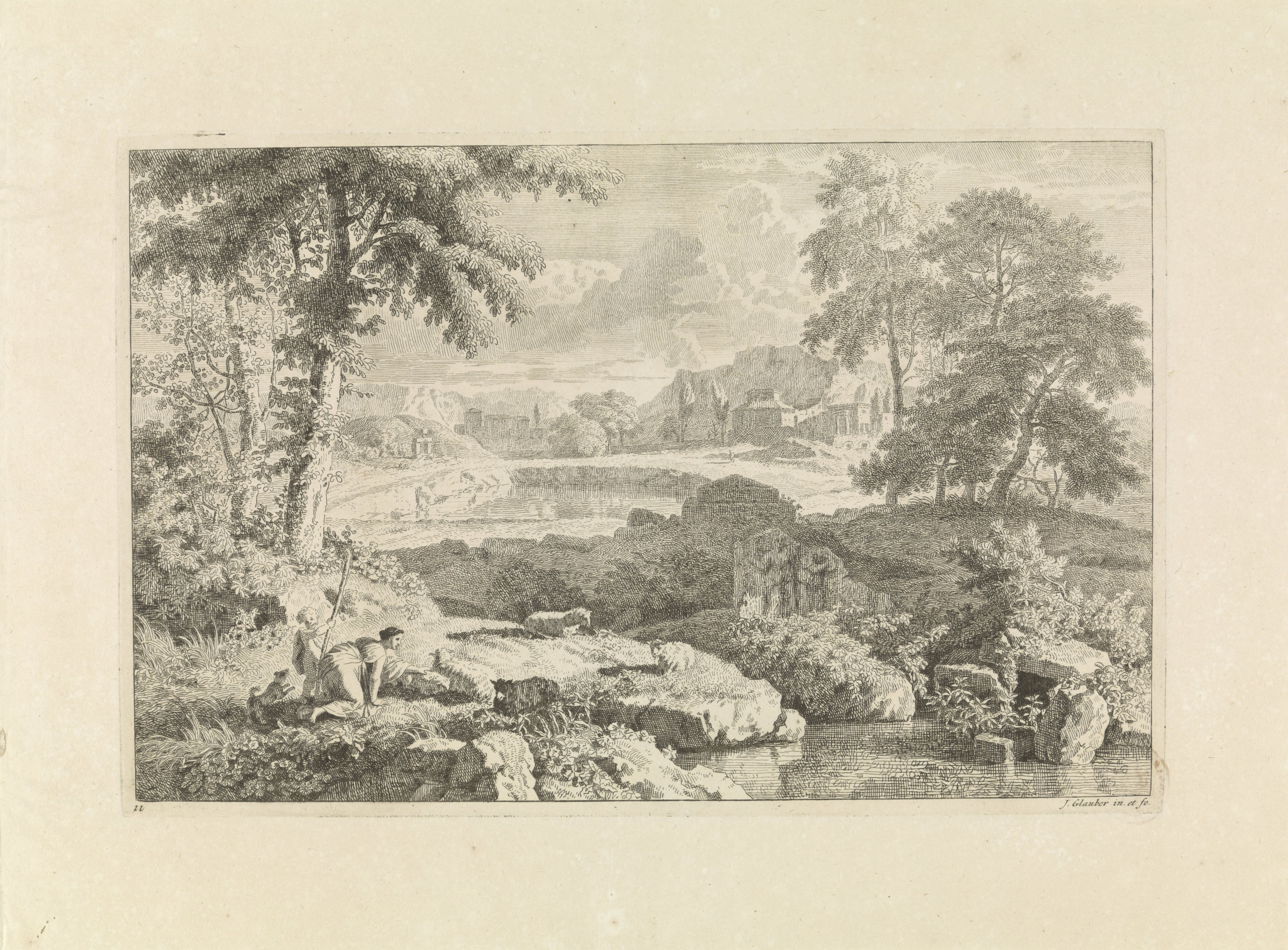 Arcadisch landschap met een herderin