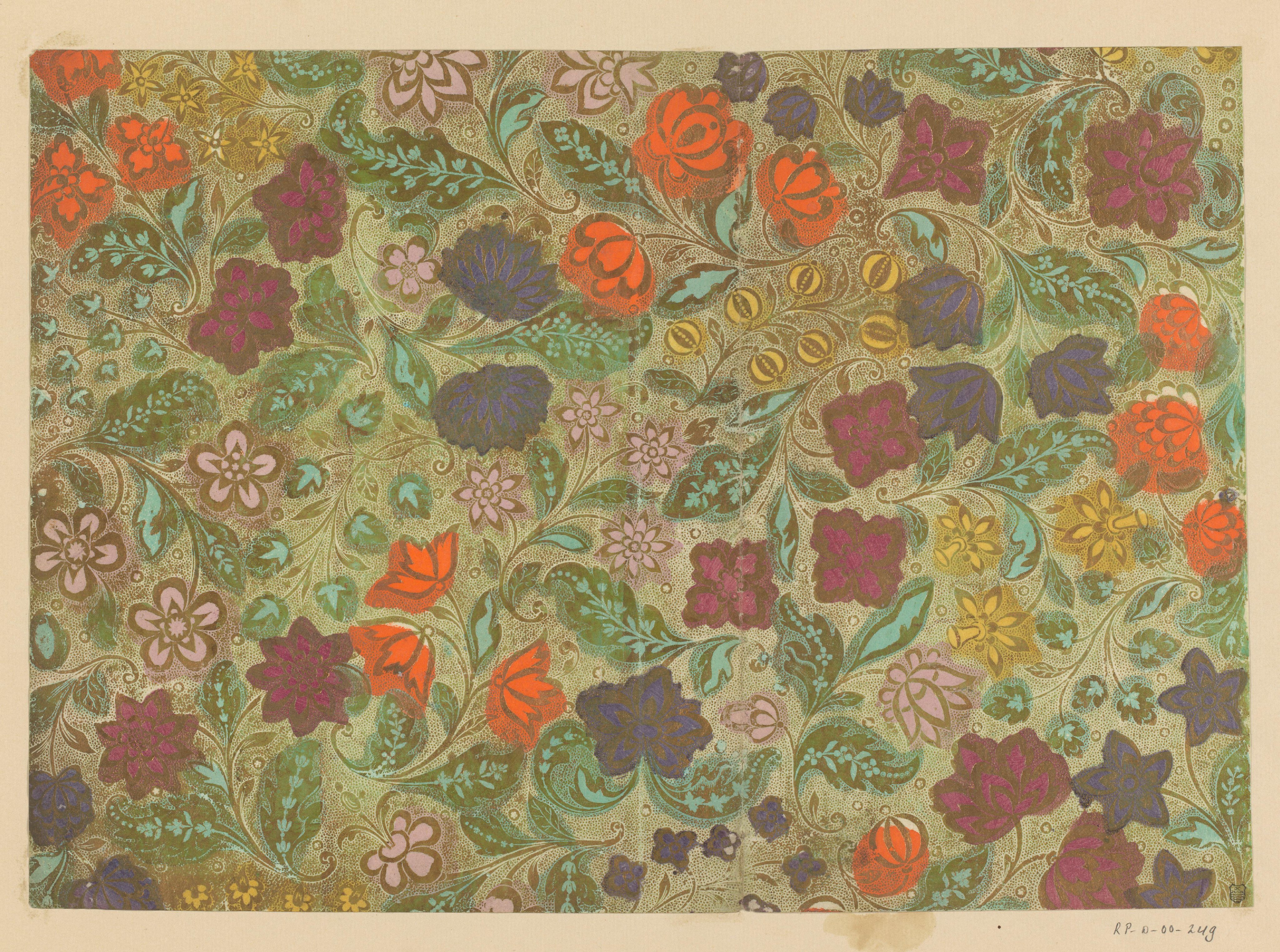 Blad met ranken met bloemen en vruchten met puntenfond