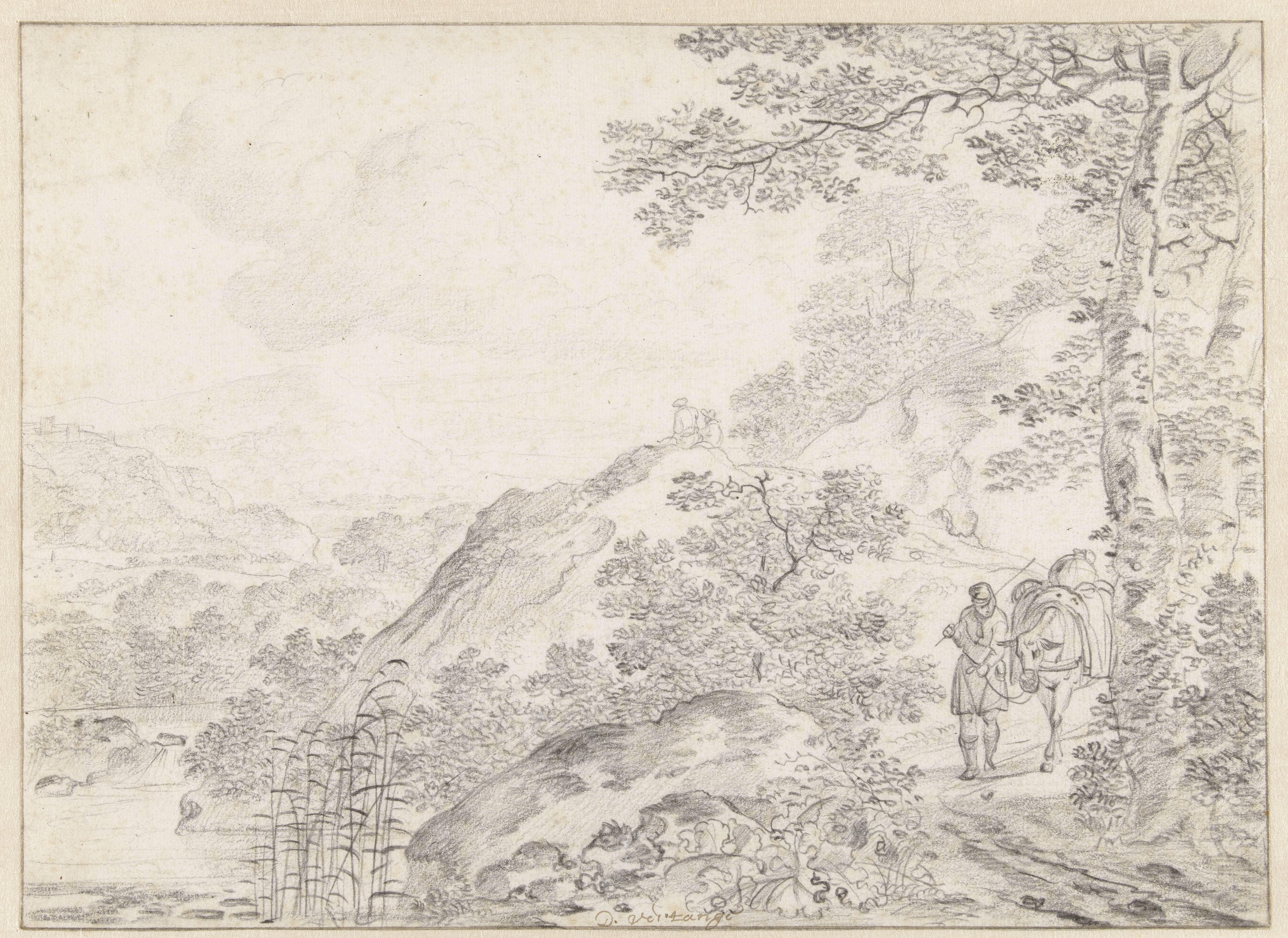Bergachtig landschap met rechts een man met een lastdier