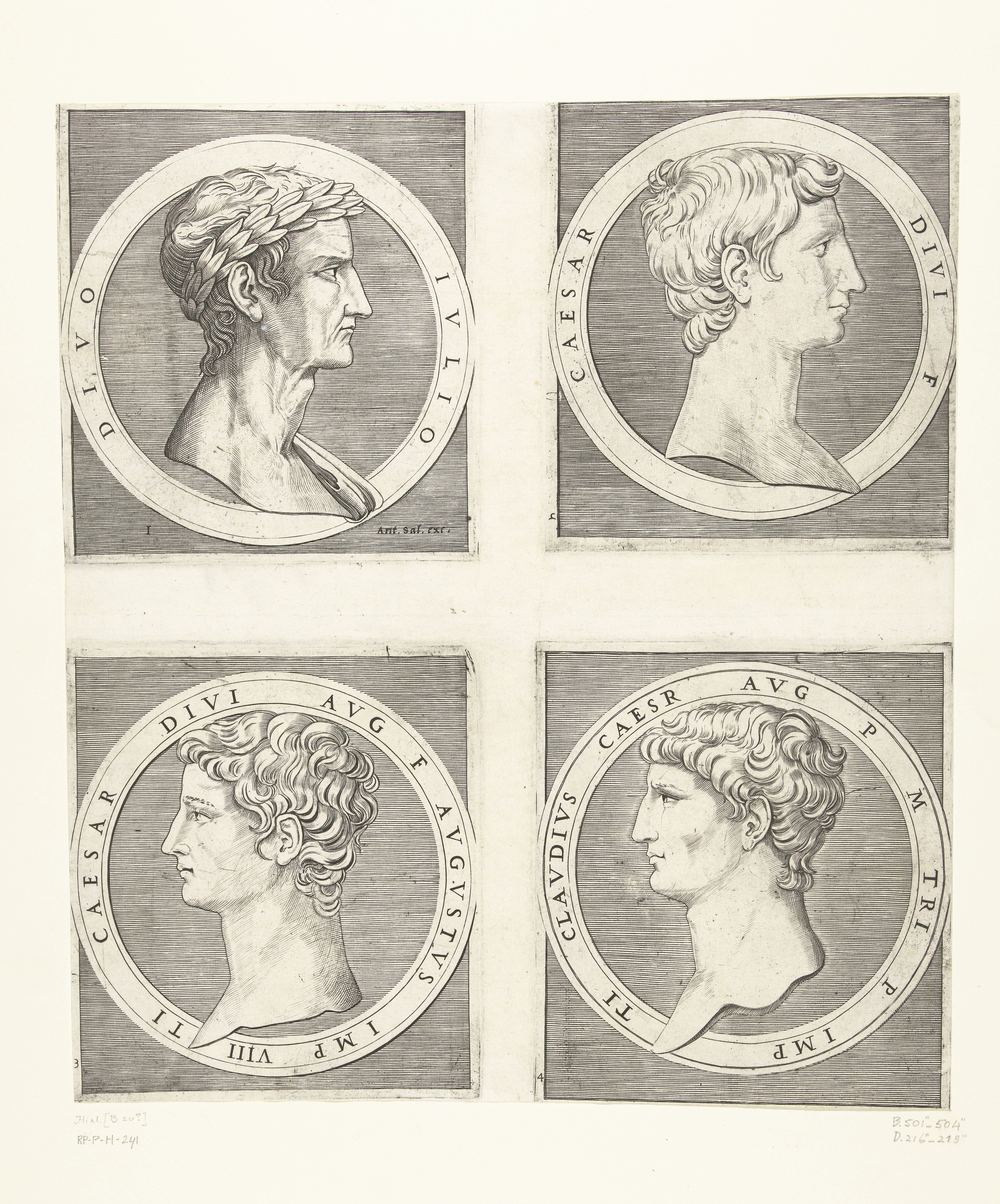 Portretten van keizers Julius Caesar en Augustus en Tiberius en Claudius