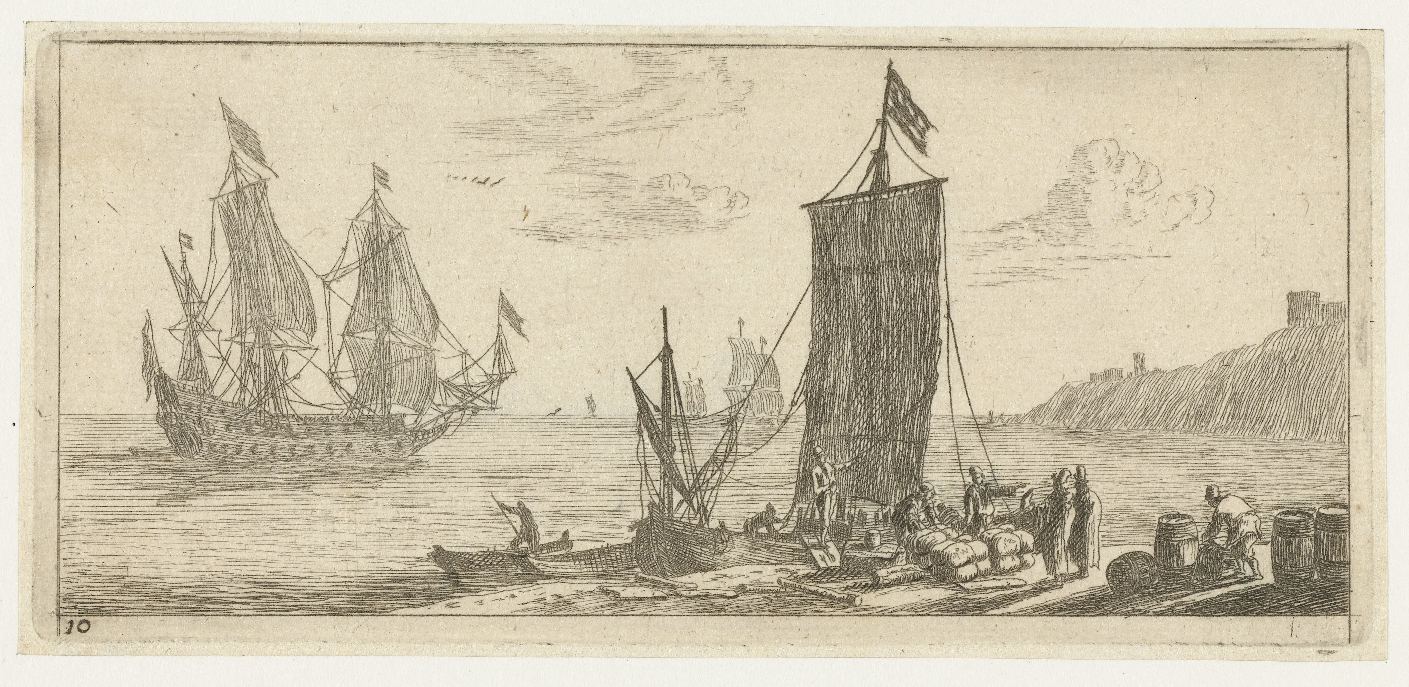 Baai met een hoeker en een oorlogsschip
