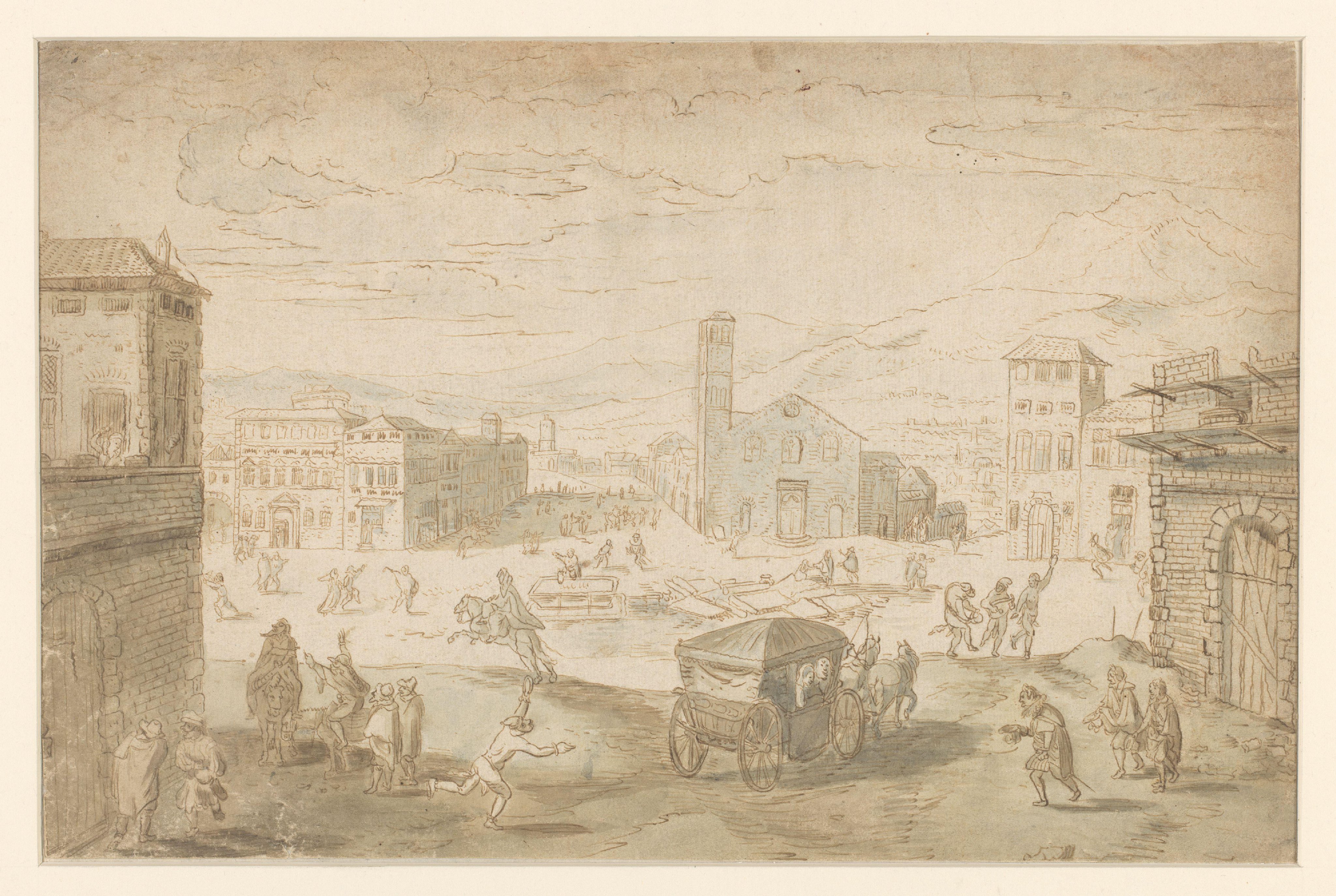 De maand Februari: vastenavondscène op een Italiaans plein