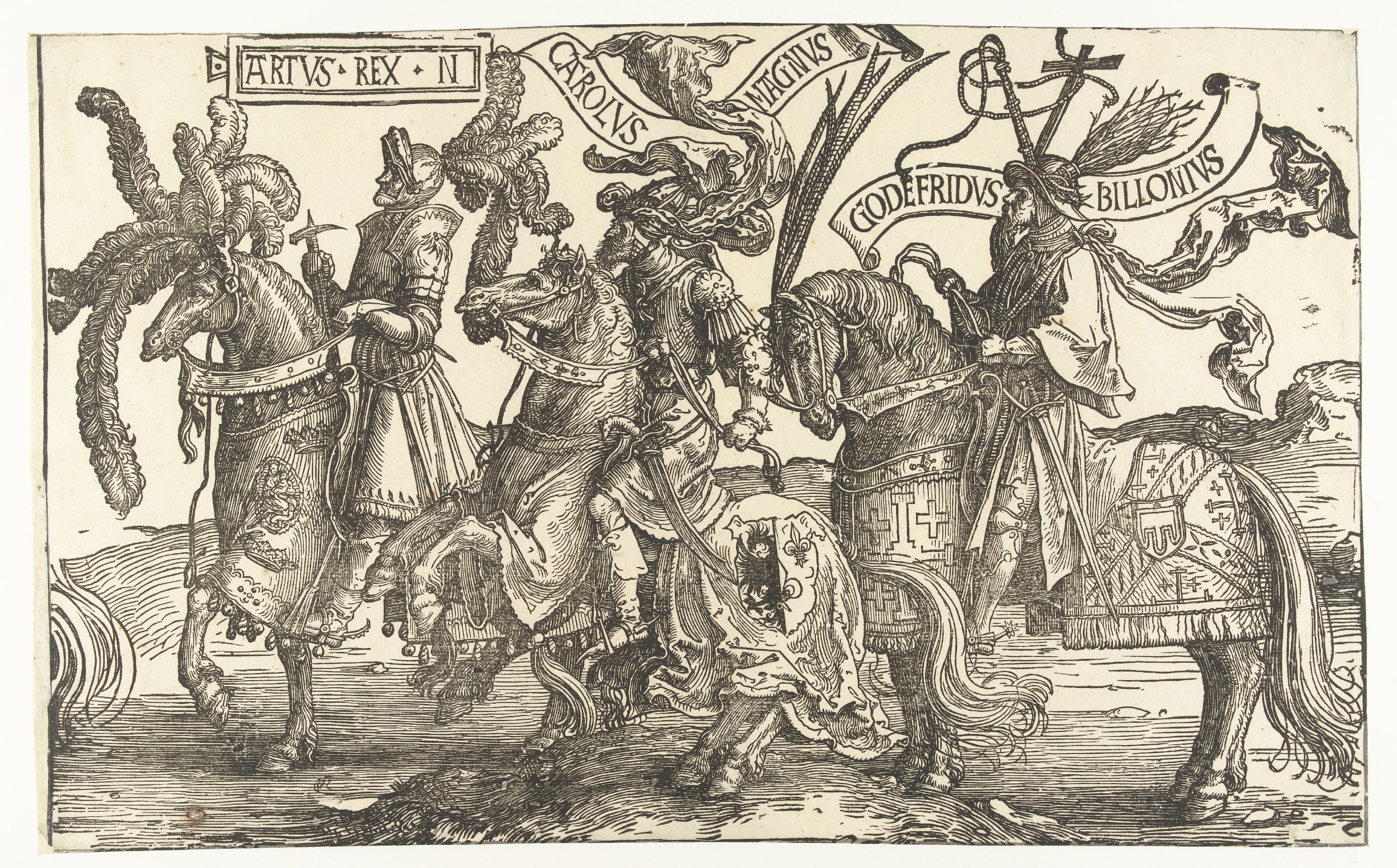 De helden koning Arthur, Karel de Grote en Godfried van Bouillon