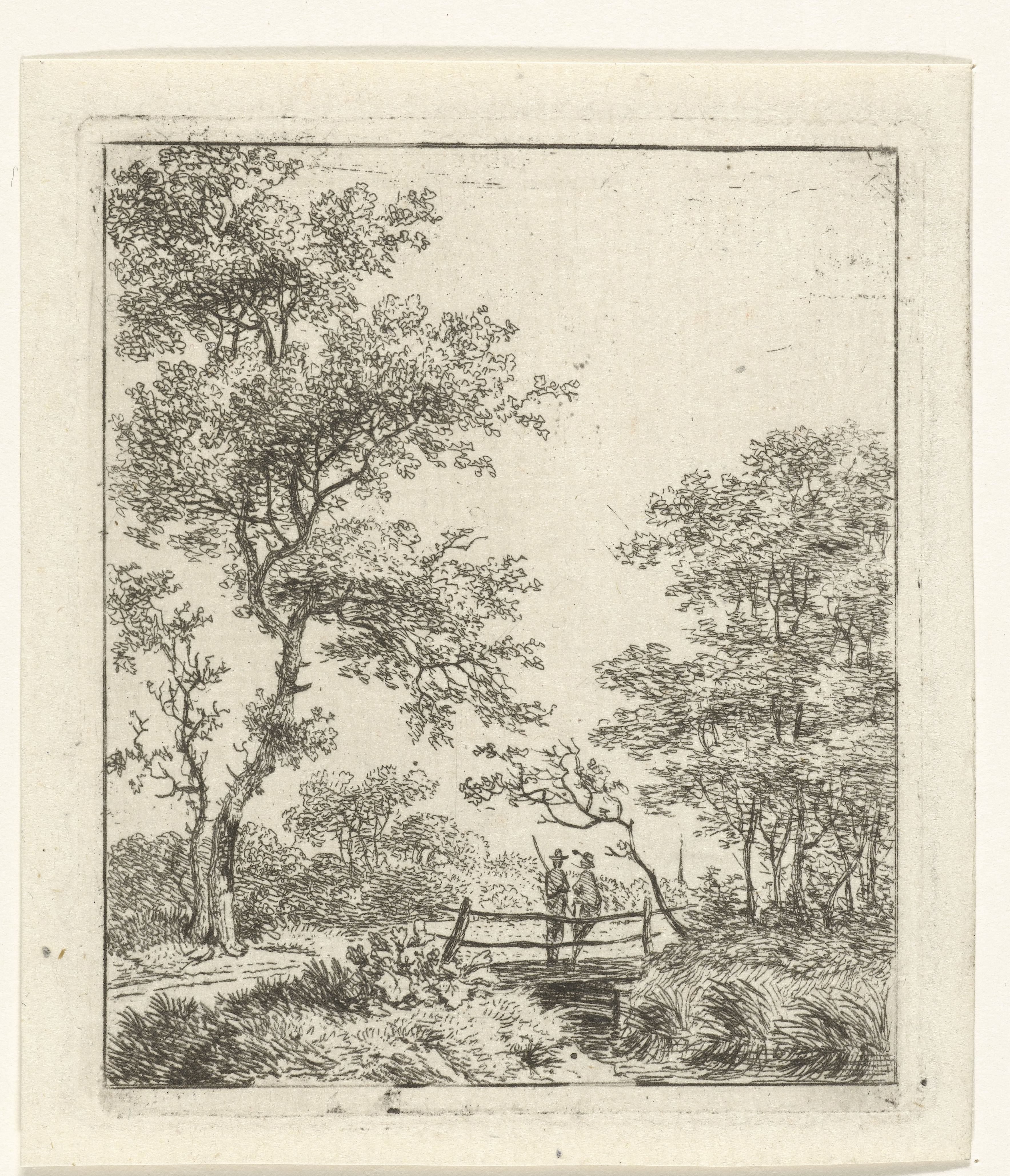 Landschap met twee mannen op een brug