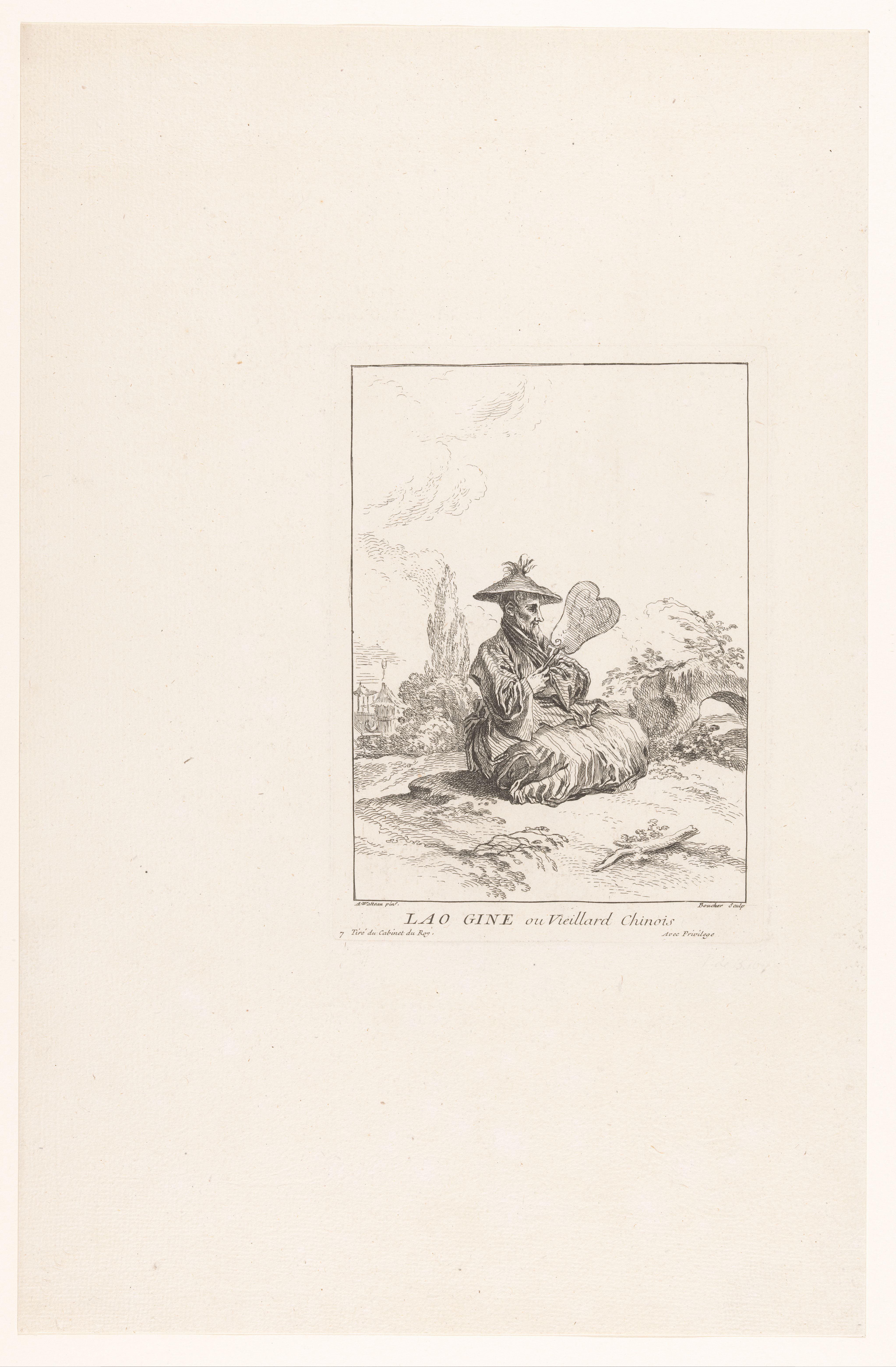 Oude Chinese man, zittend in een landschap