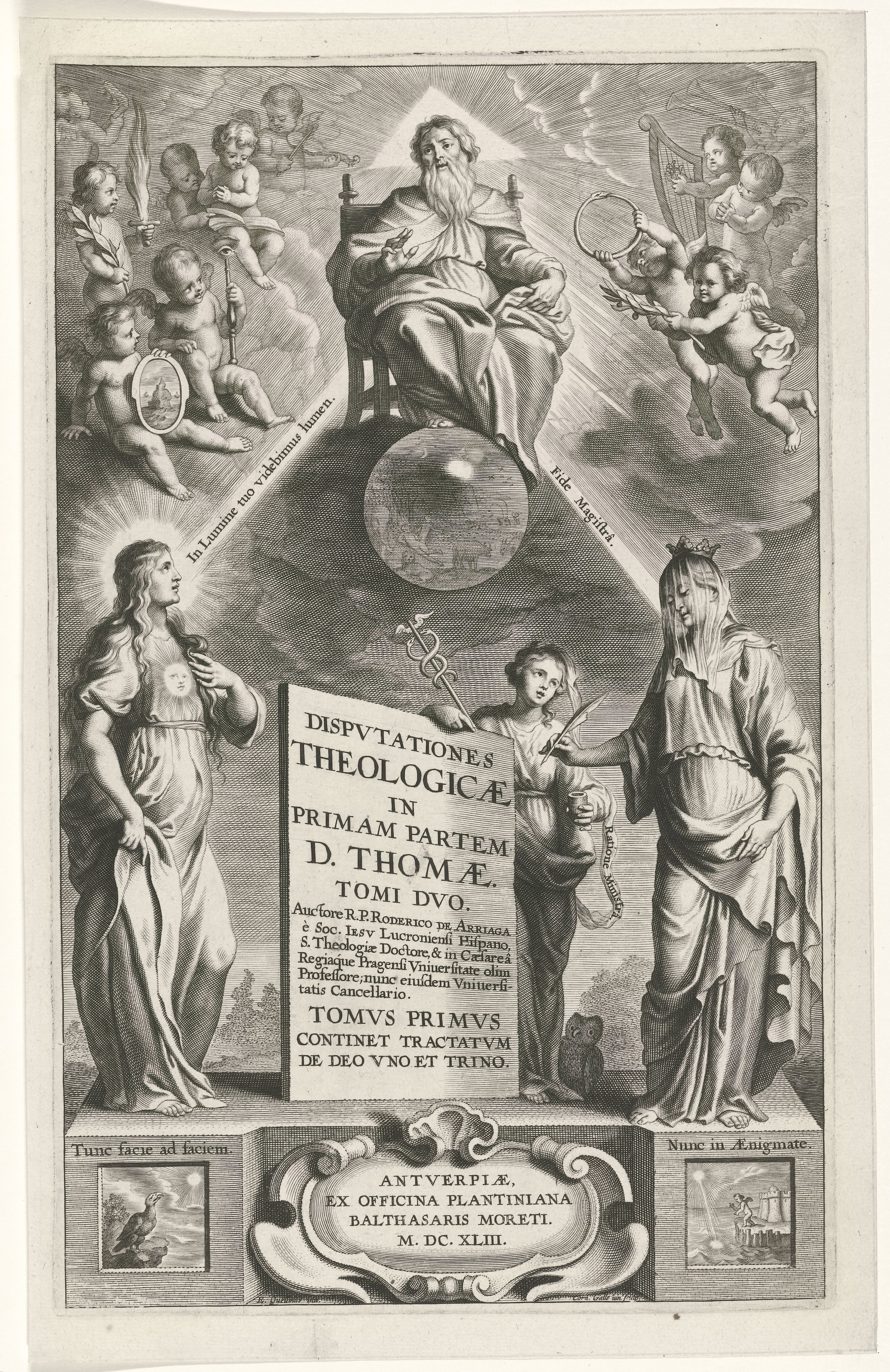Allegorische titelpagina met God de Vader en personificaties van Licht en Geloof