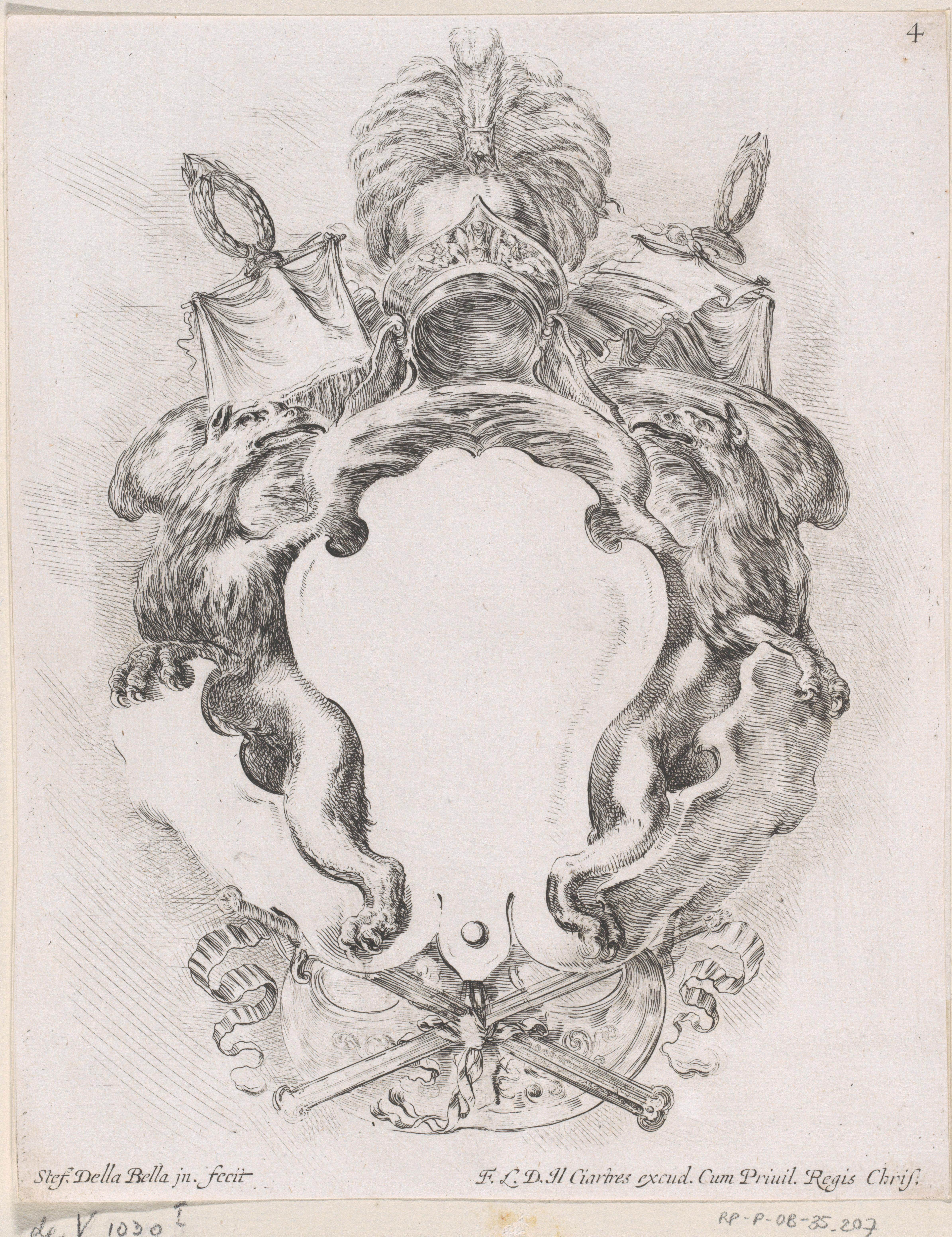 Cartouche met twee adelaars, een helm met pluim en twee lege schilden.