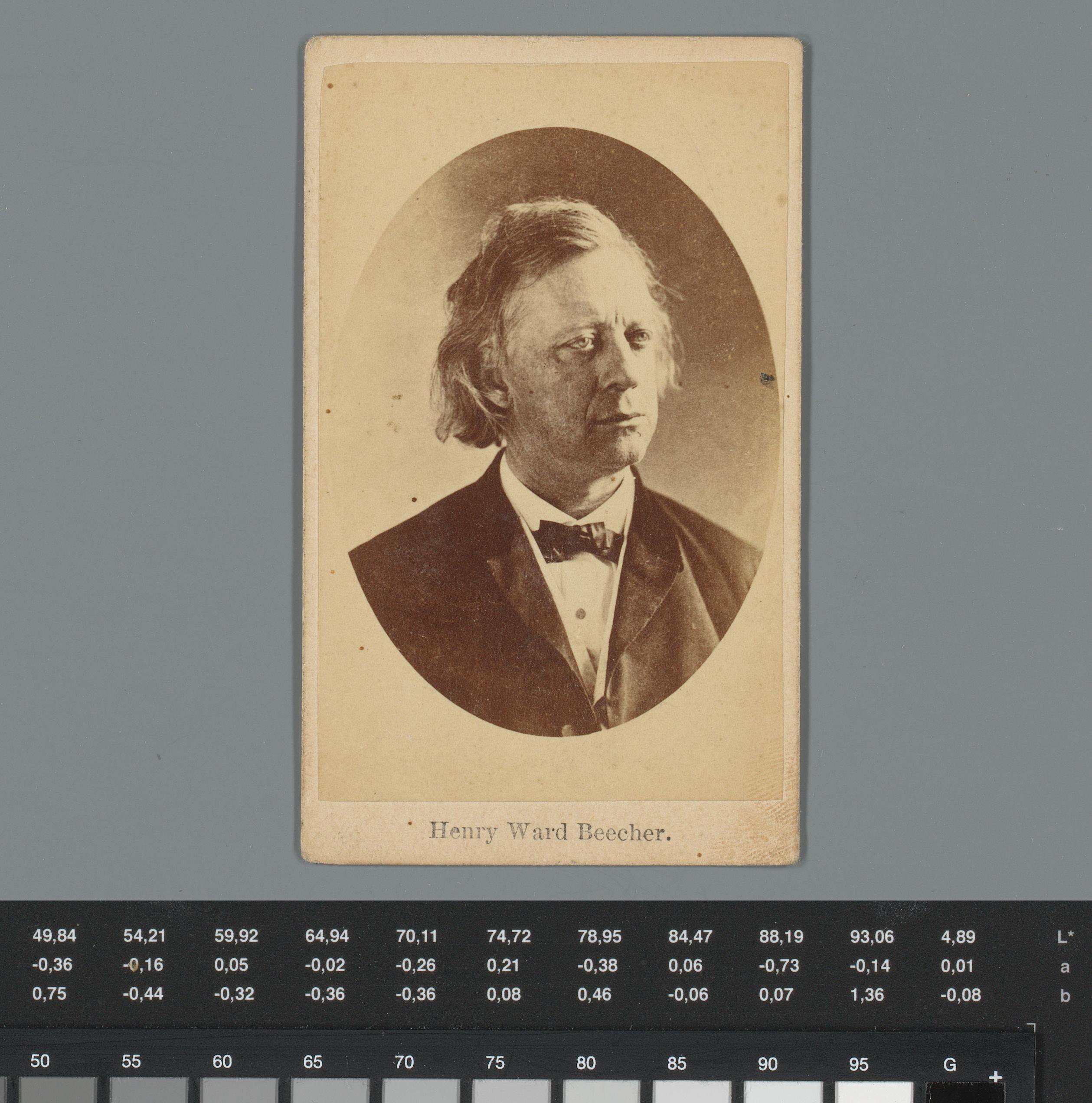Portret van Henry Ward Beecher met reclame voor juwelierszaak Goldsmith's Hall in Fergus, Ontario