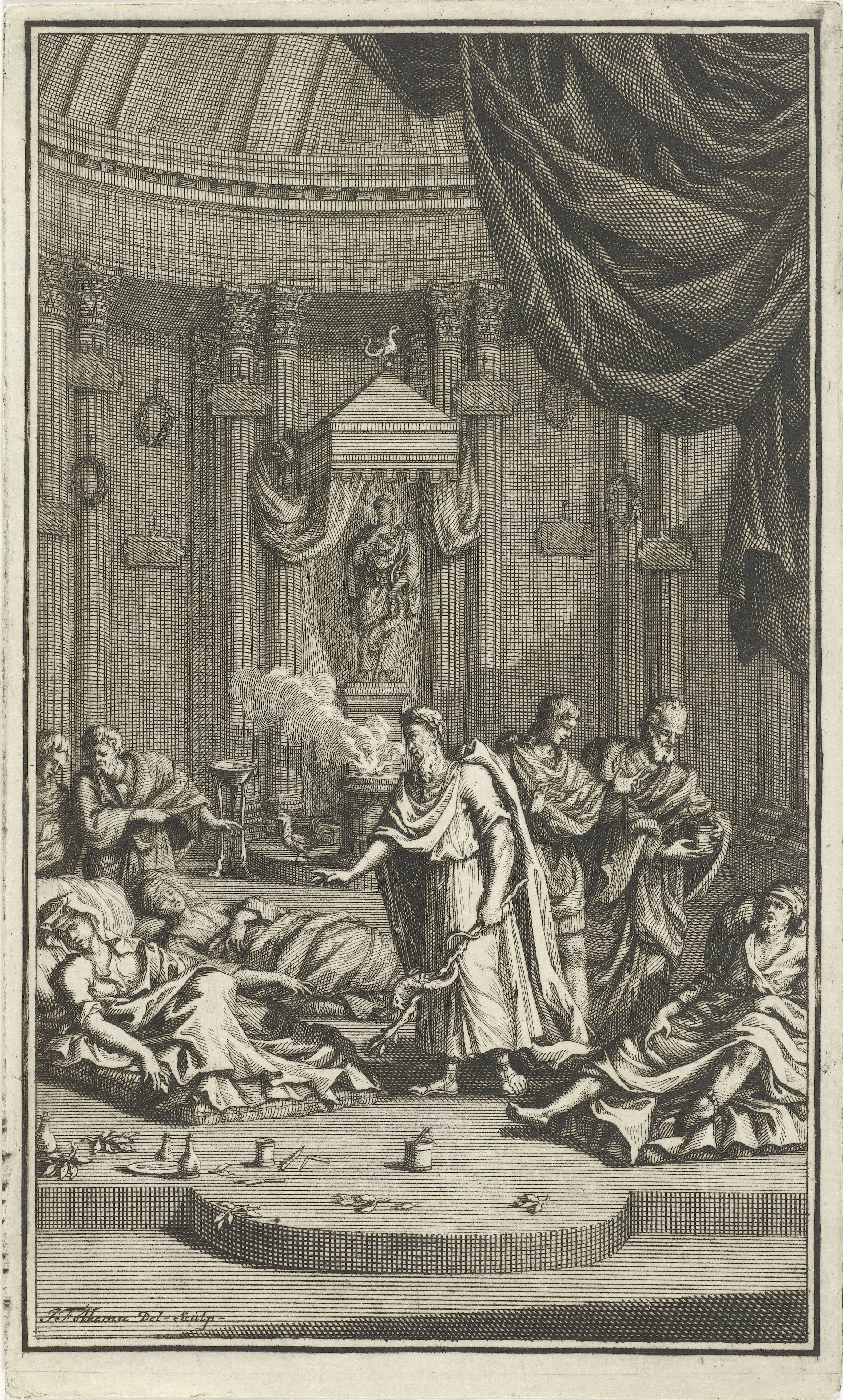 Aesculapius verpleegt zieken in een tempel