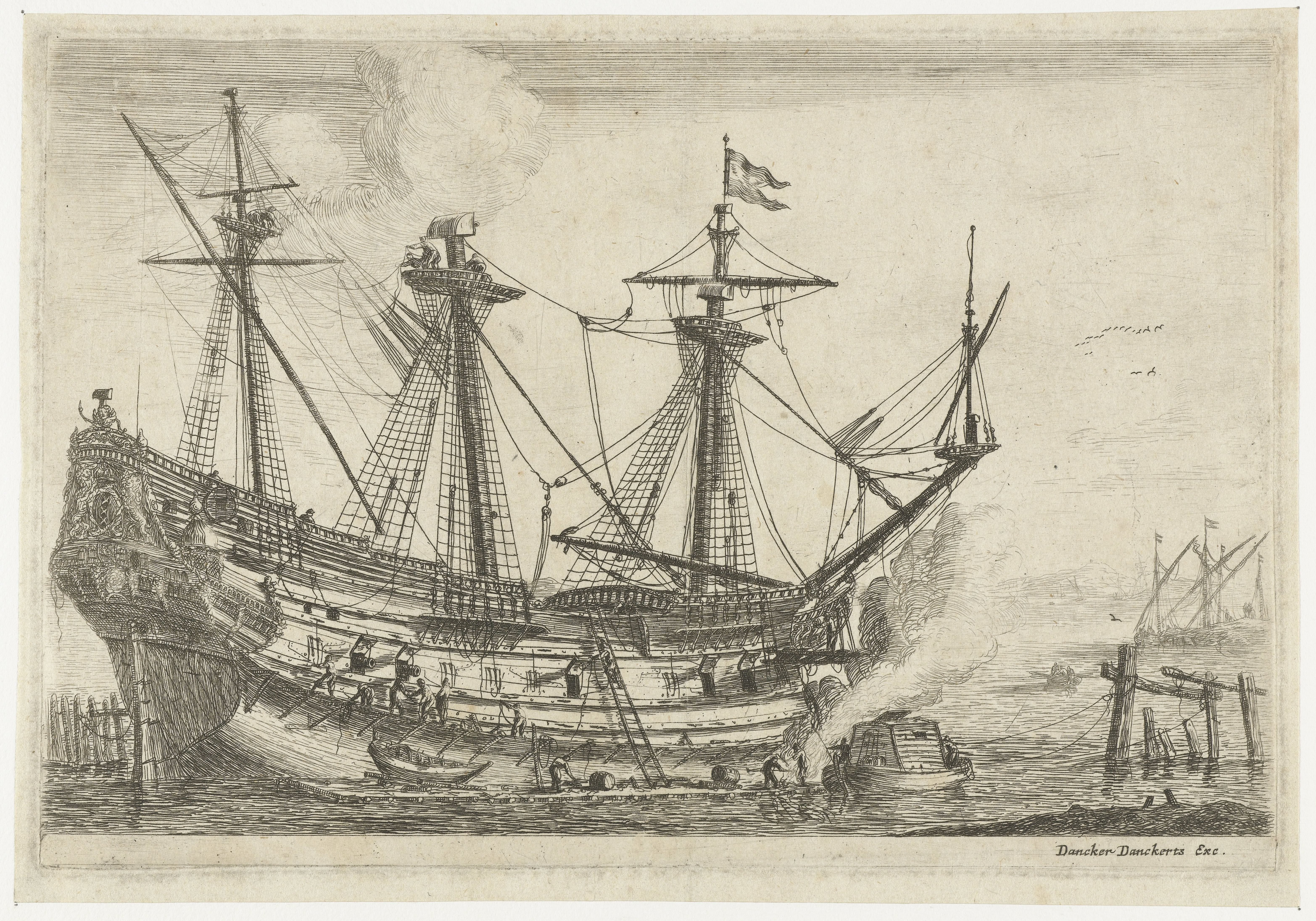 Reparaties aan een groot zeilschip