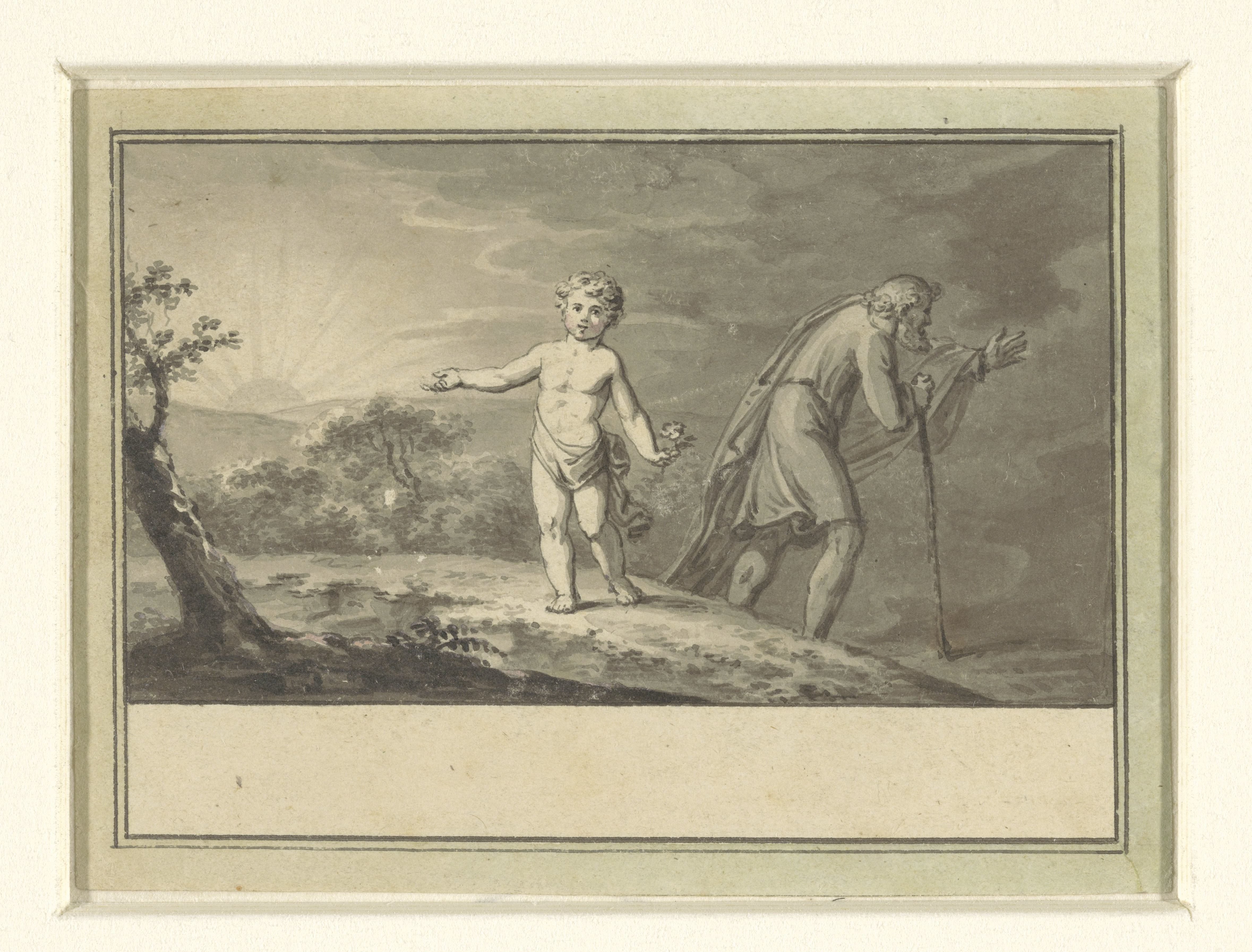 Het nieuwe en het oude jaar: een knaap en een grijsaard in een landschap