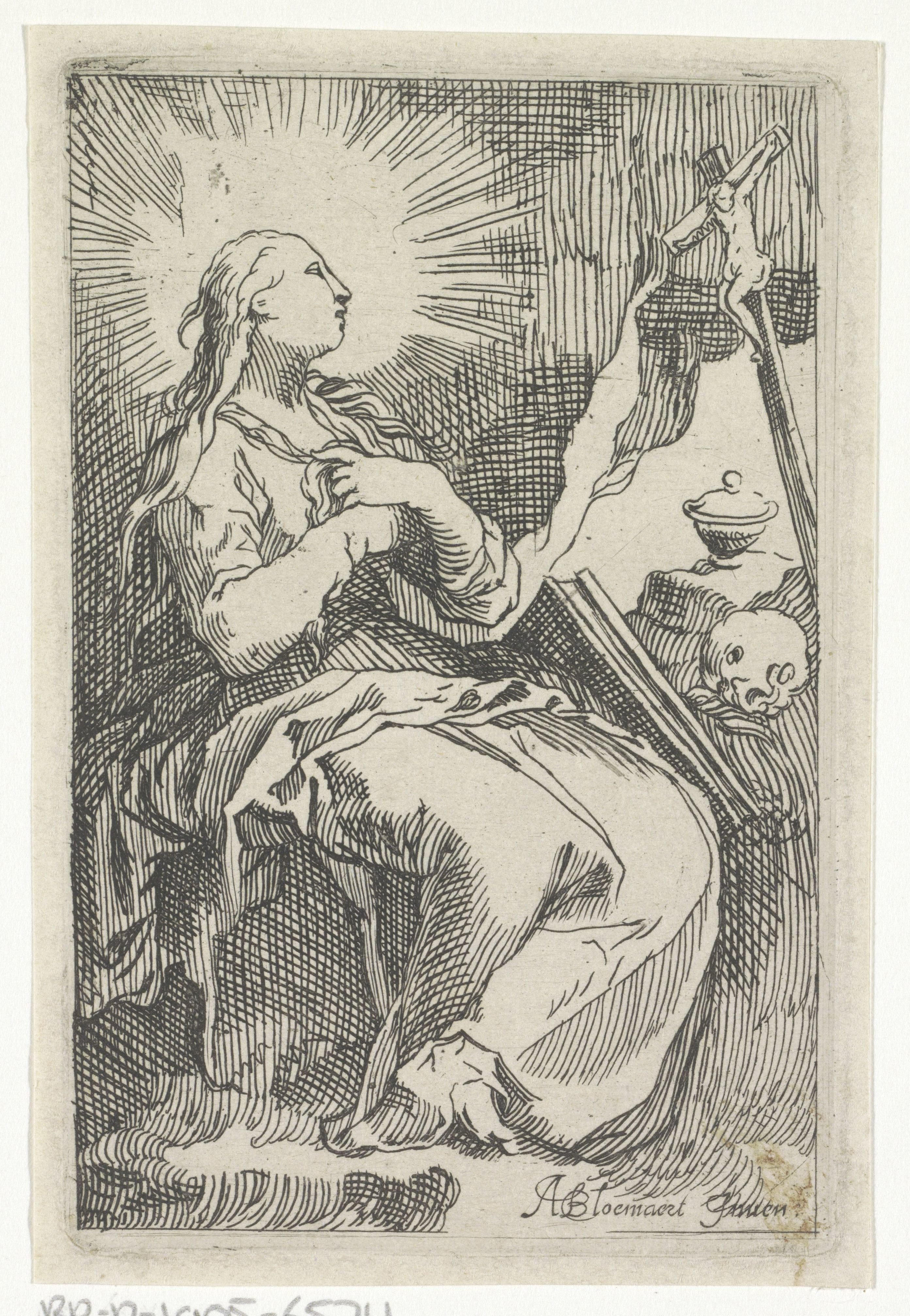 Boetvaardige Maria Magdalena in de grot voor crucifix