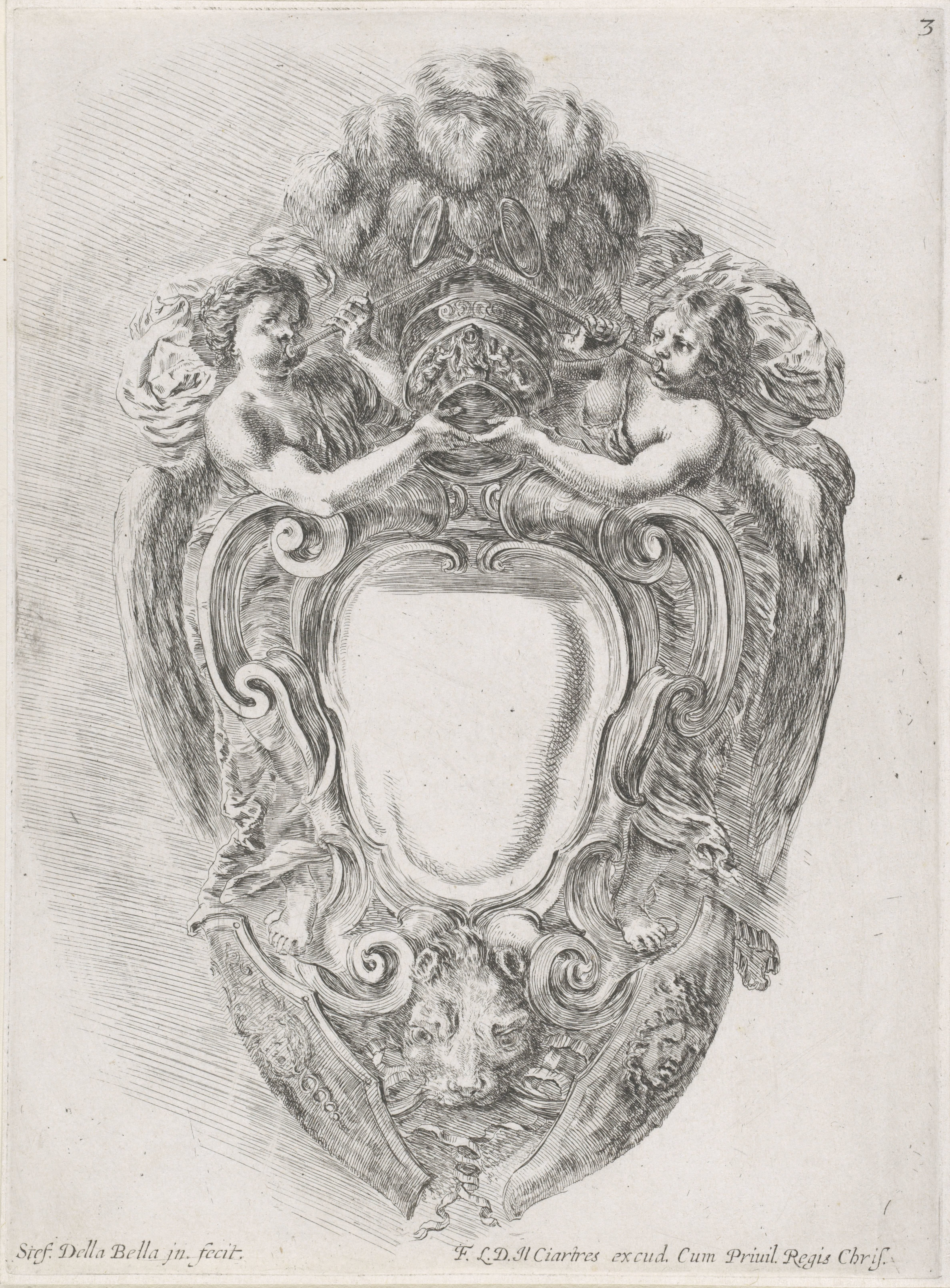 Cartouche met leeuwenkop, twee schilden en twee trompetblazende engelen die een helm ondersteunen