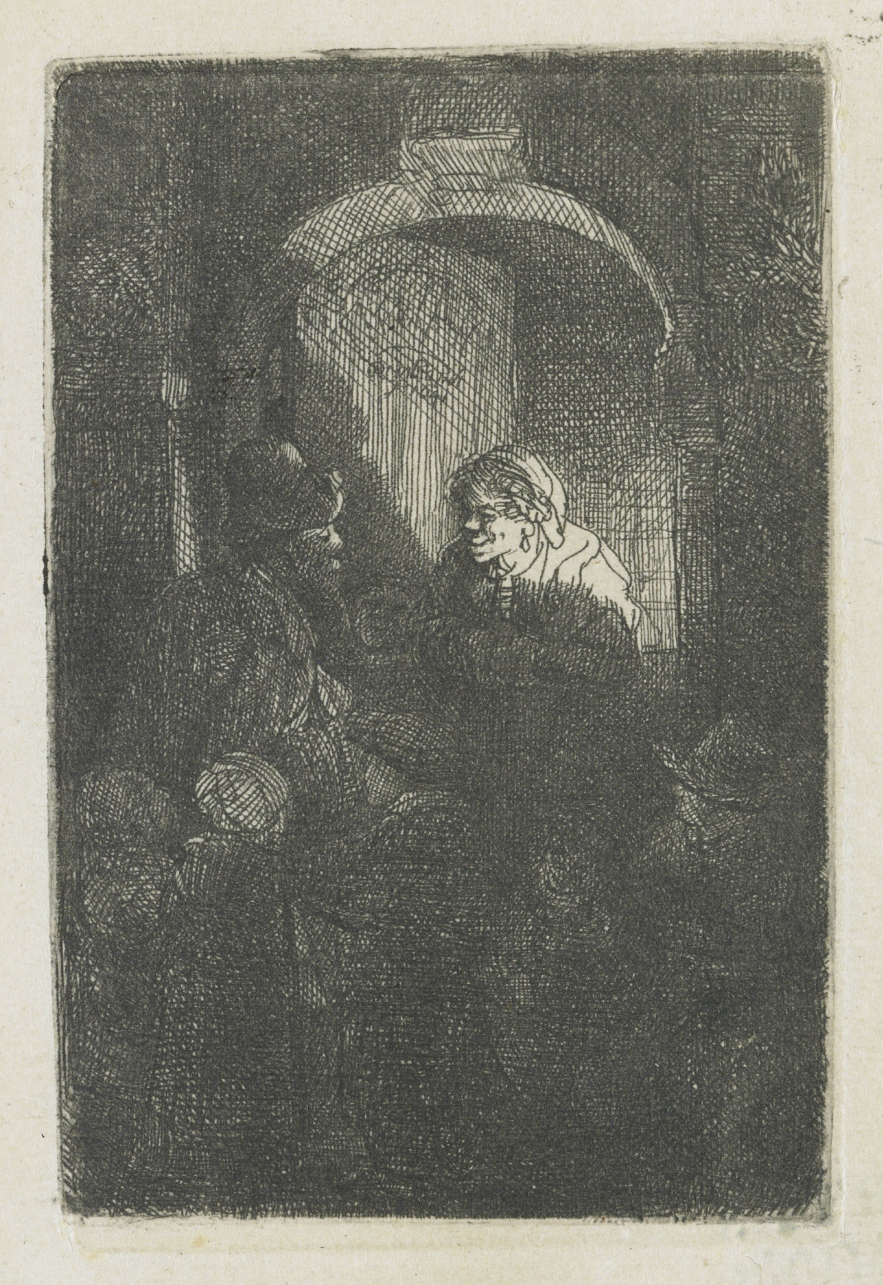 A hurdy-gurdy player followed by children at the door of a house