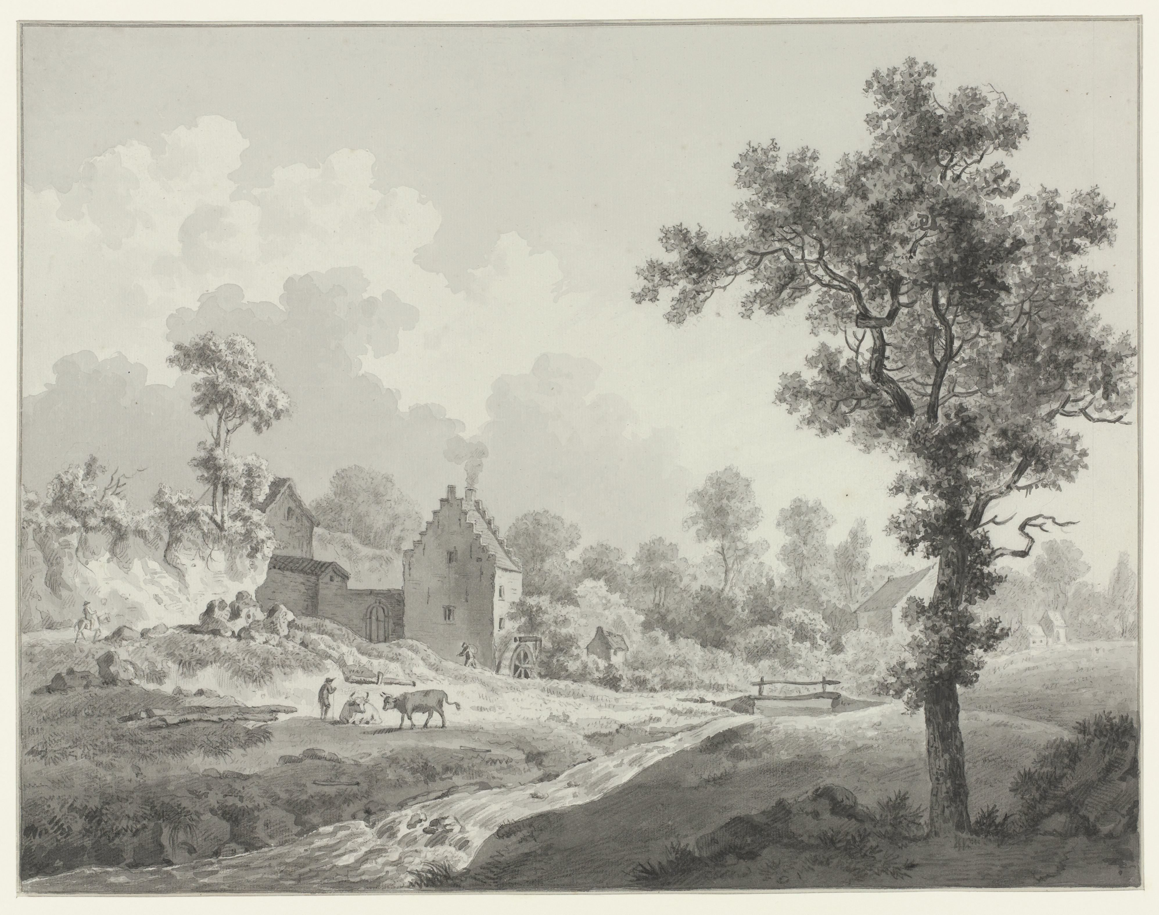 Landschap met een watermolen aan een beek