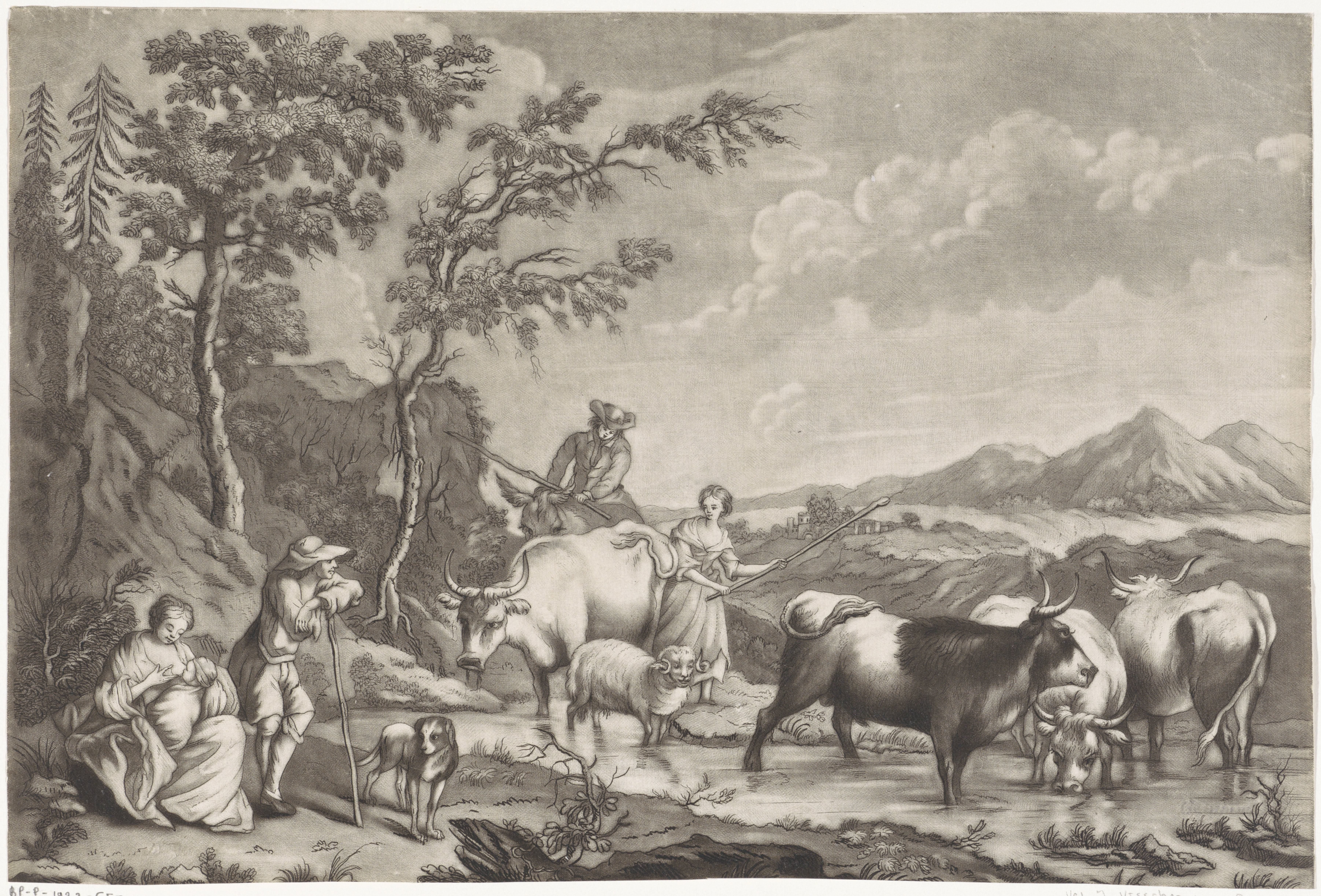 Landschap met herders en vee bij een rivier