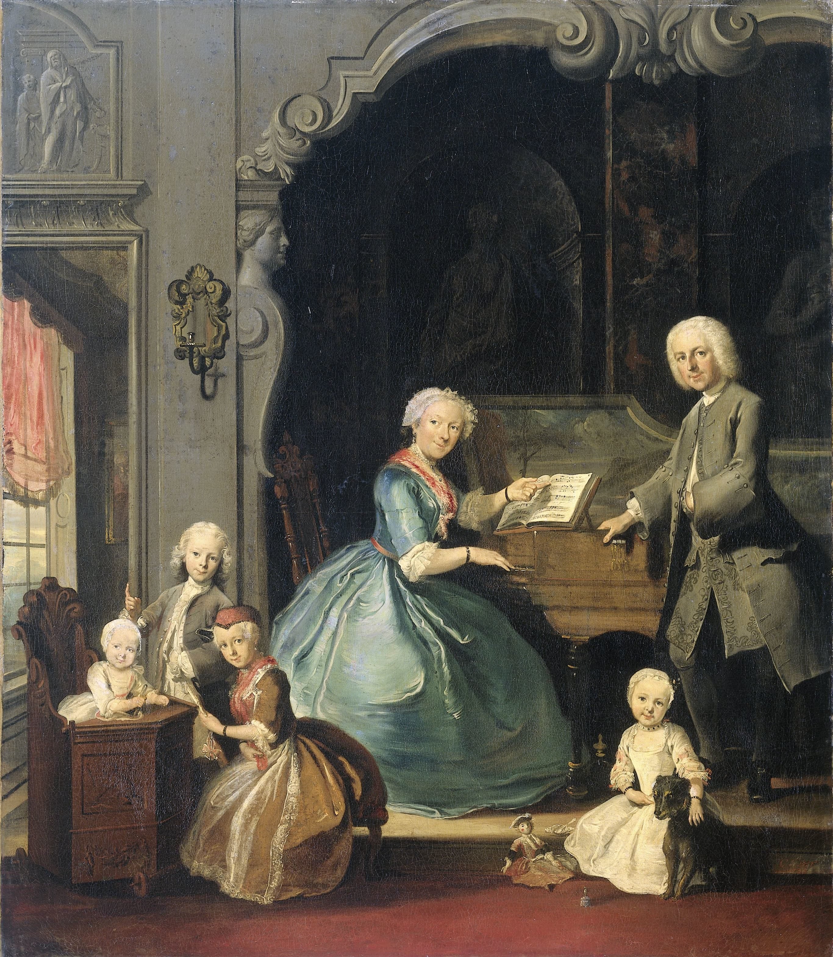 Familiegroep bij een klavecimbel