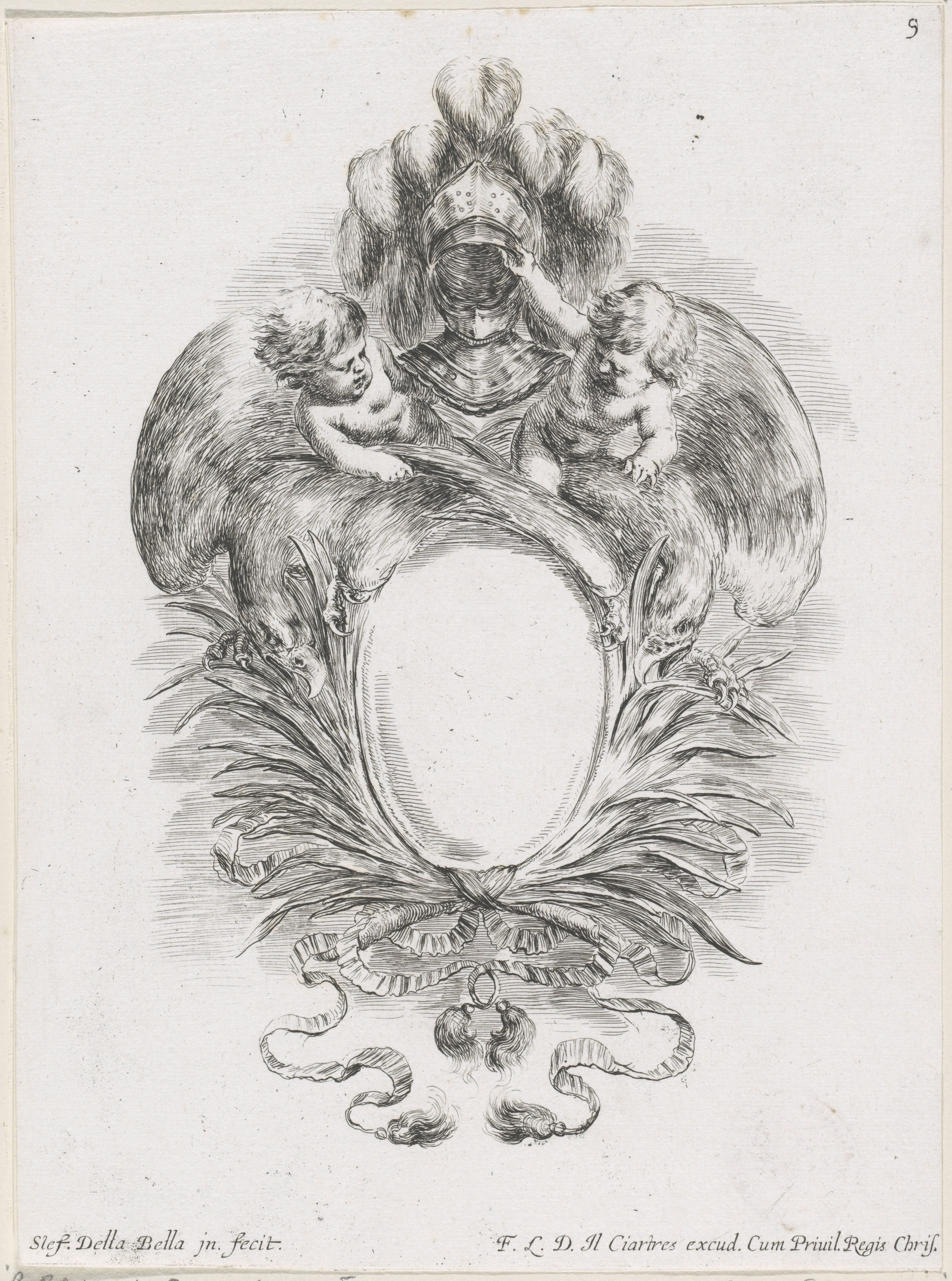 Cartouche met twee putti op adelaars die samen een helm ophouden