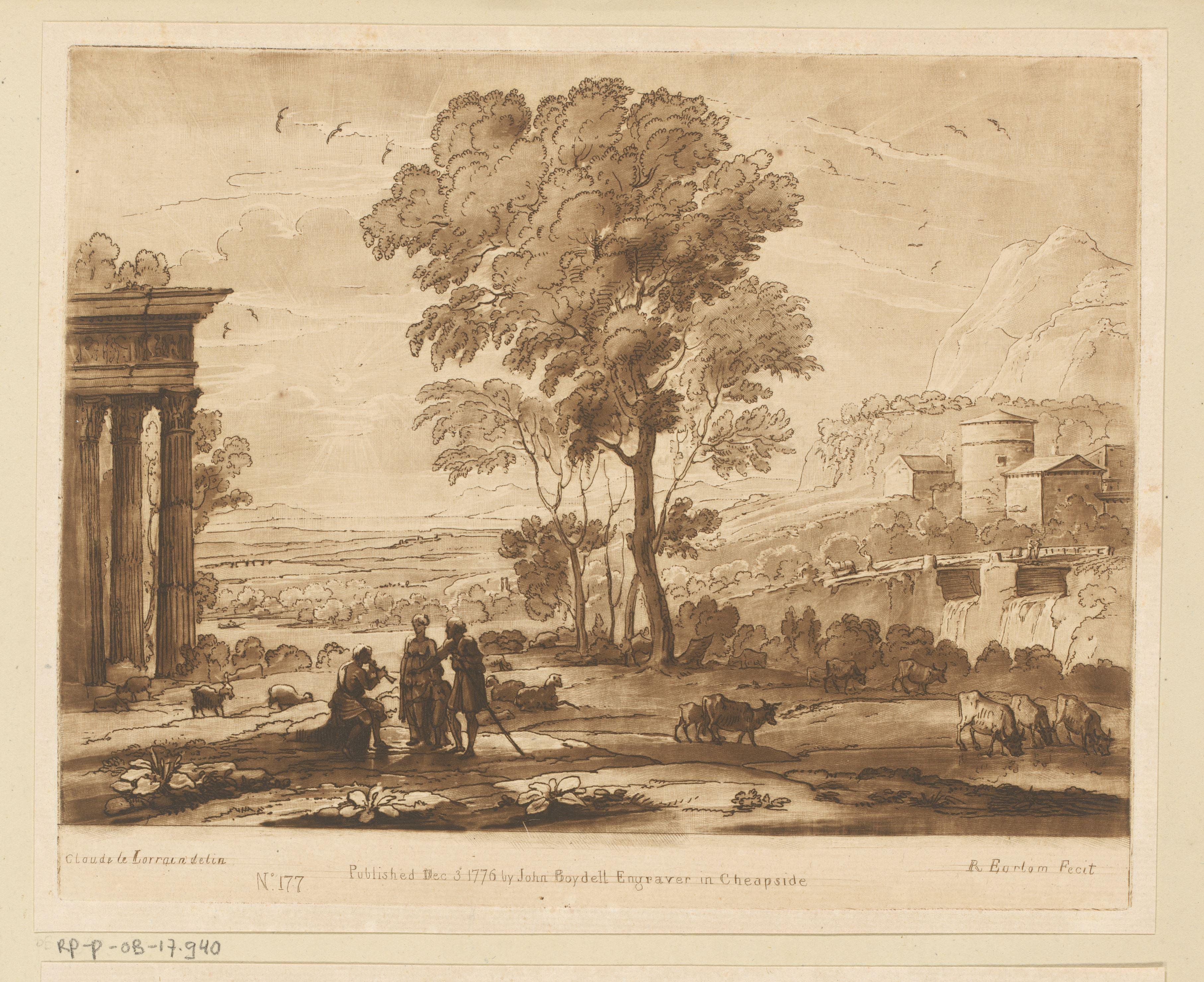 Landschap met herdersfamilie, ruïne en drinkende ossen