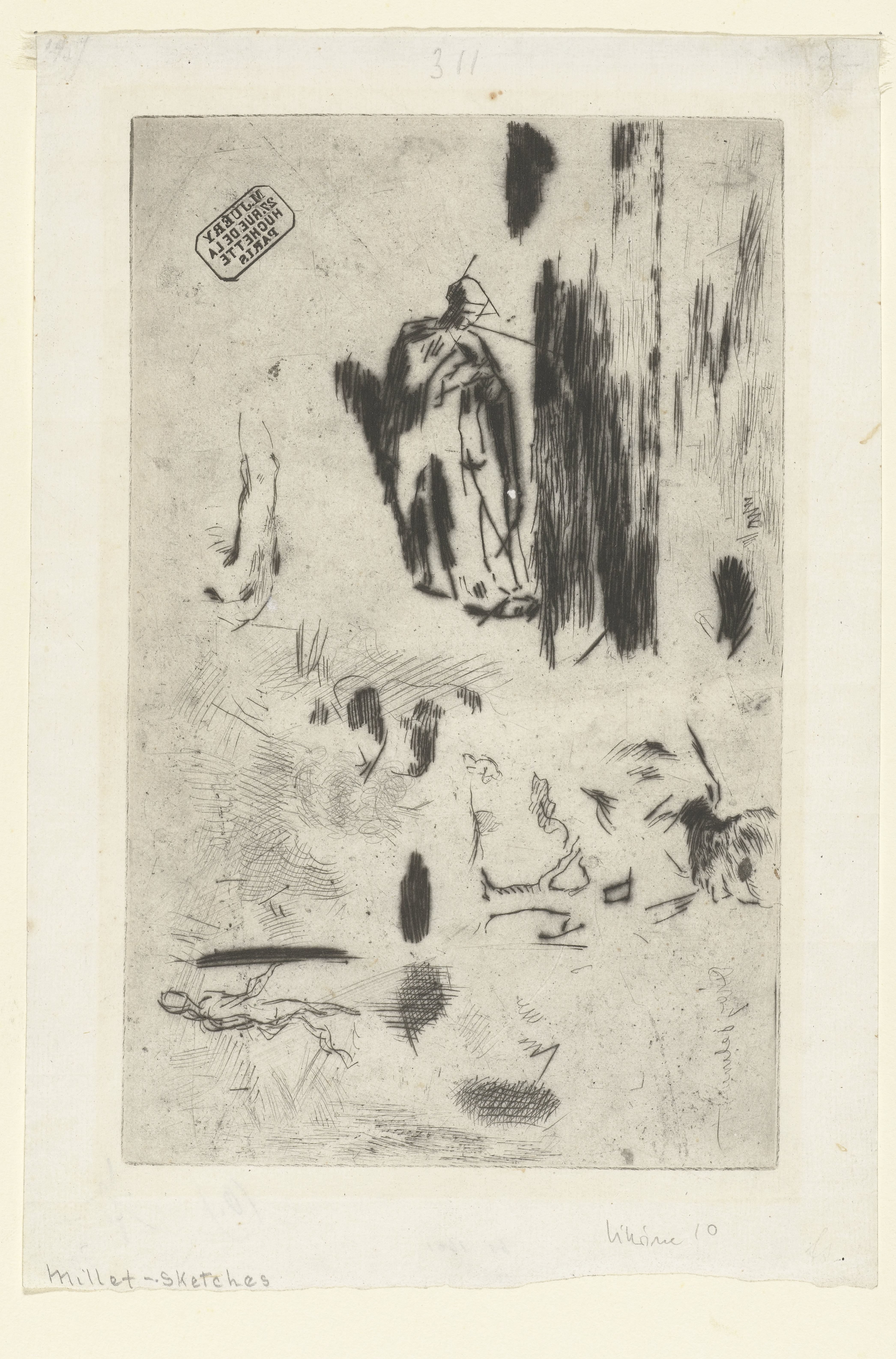 Schetsblad met enkele figuurstudies en landschap